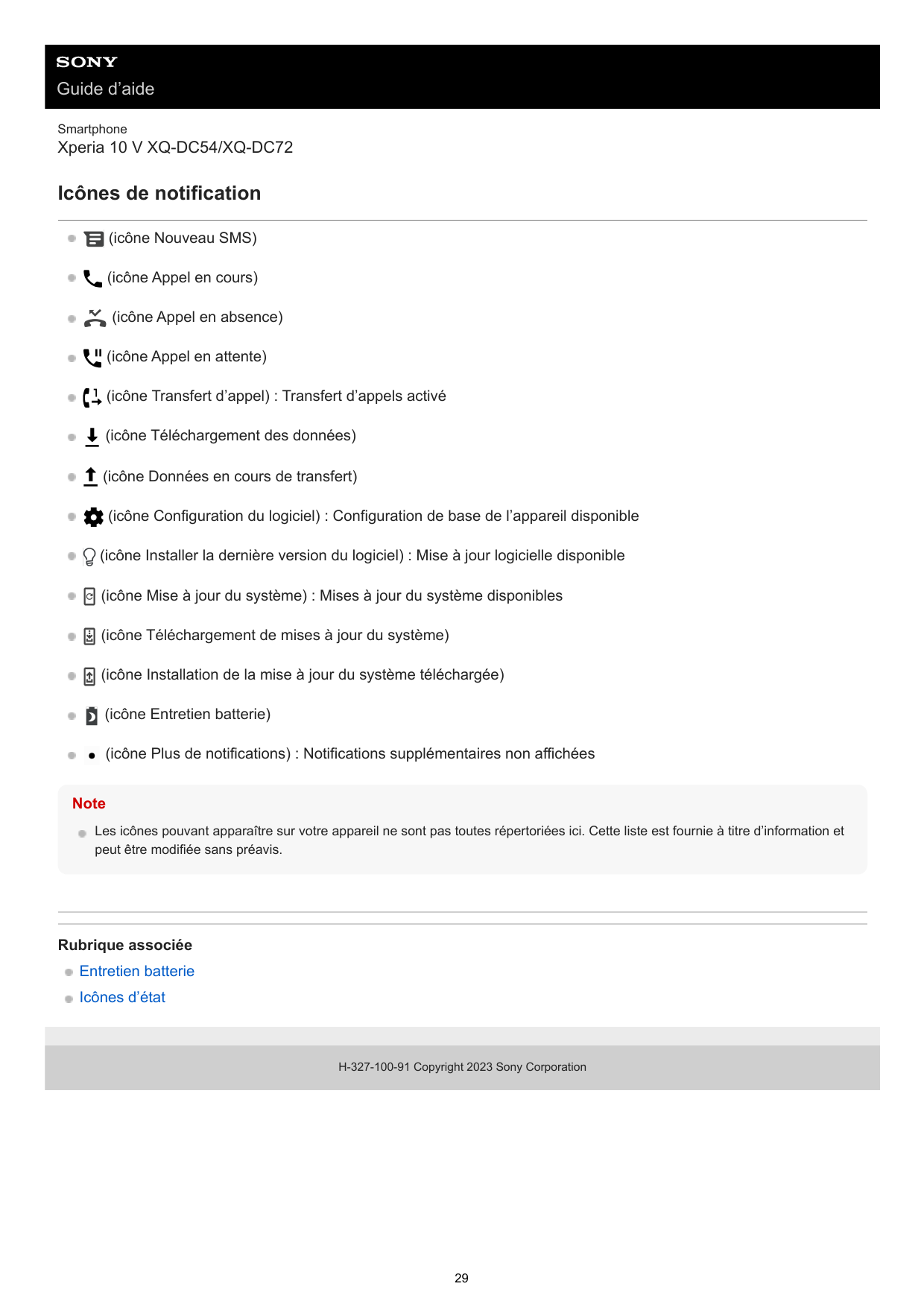 Guide d’aideSmartphoneXperia 10 V XQ-DC54/XQ-DC72Icônes de notification(icône Nouveau SMS)(icône Appel en cours)(icône Appel en 