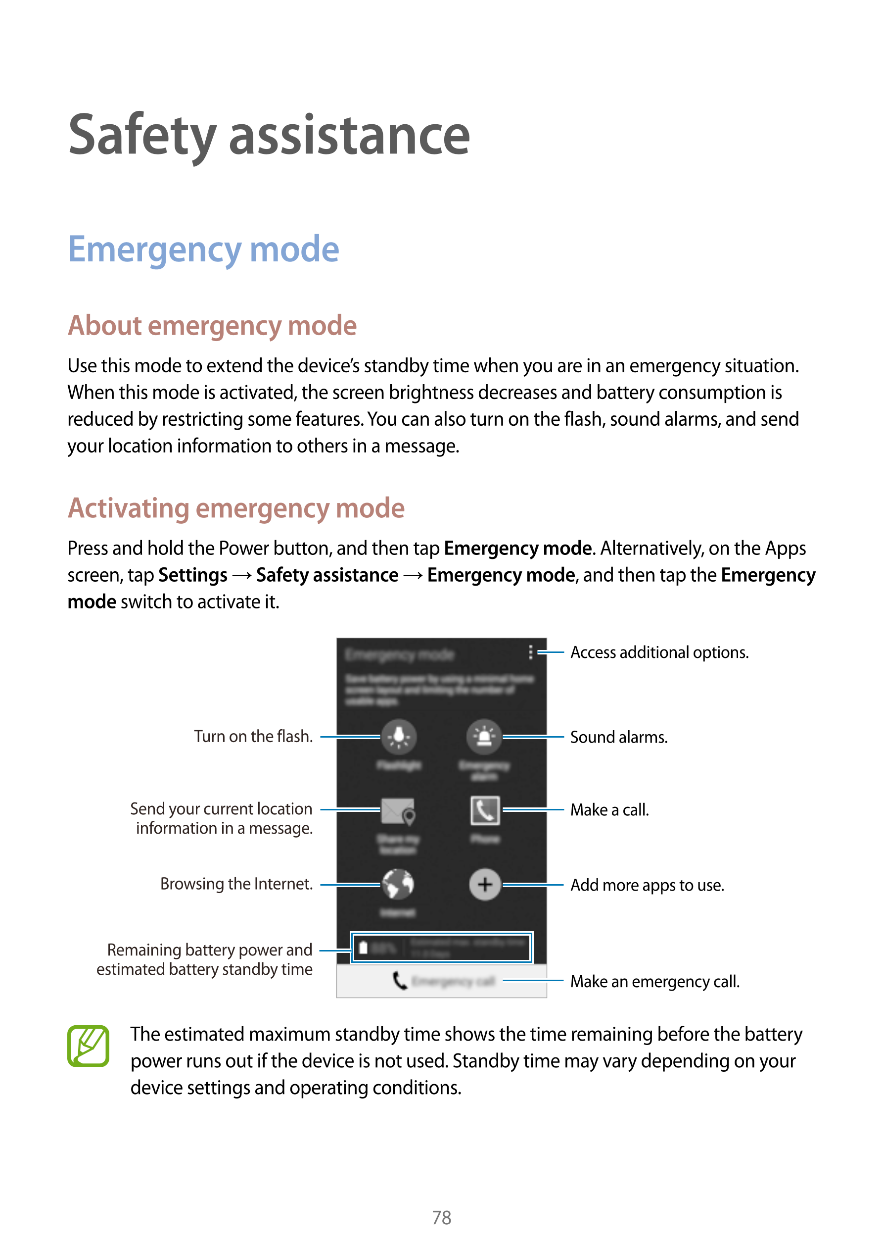 Safety assistance
Emergency mode
About emergency mode
Use this mode to extend the device’s standby time when you are in an emerg