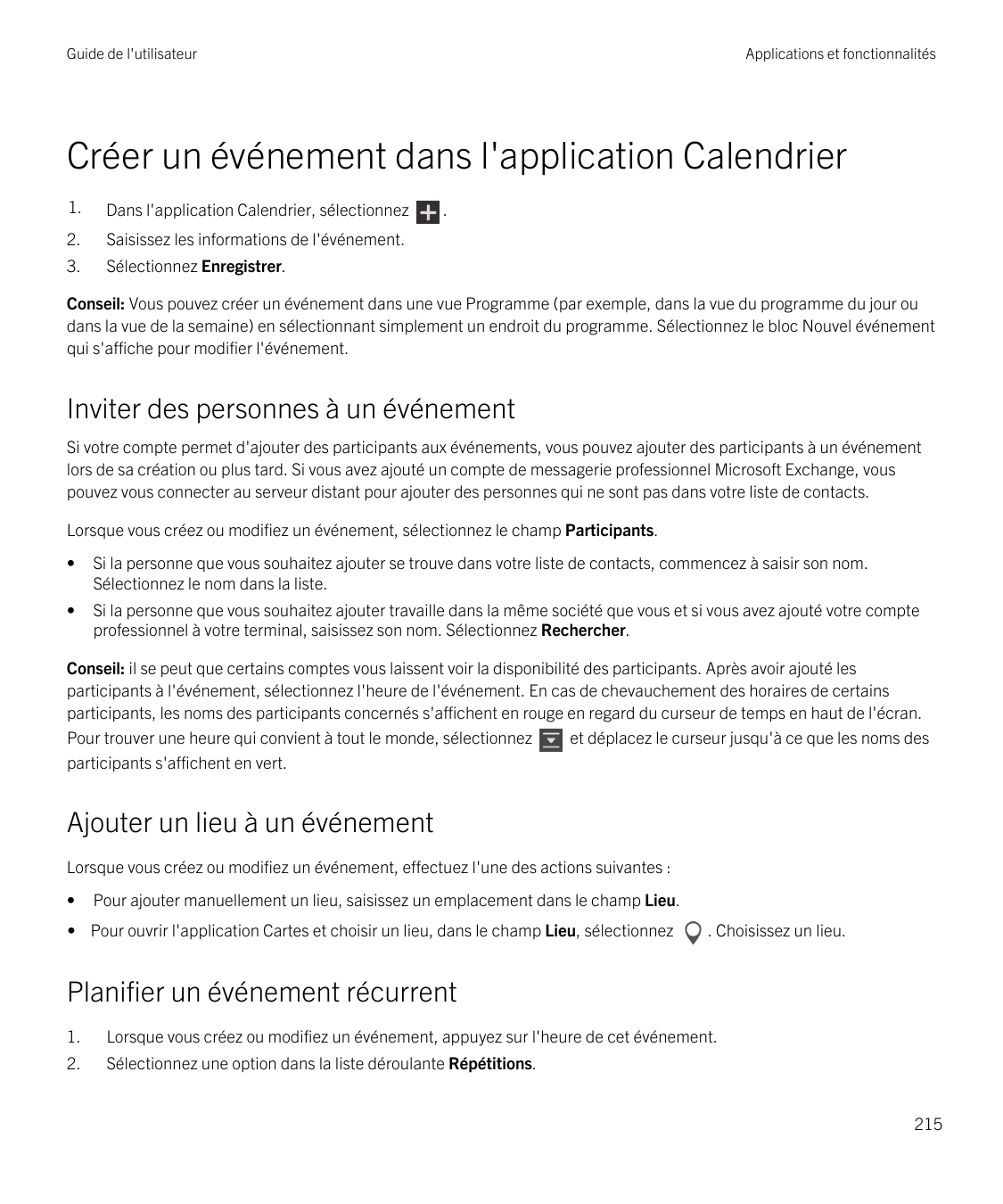 Guide de l'utilisateurApplications et fonctionnalitésCréer un événement dans l'application Calendrier1.Dans l'application Calend