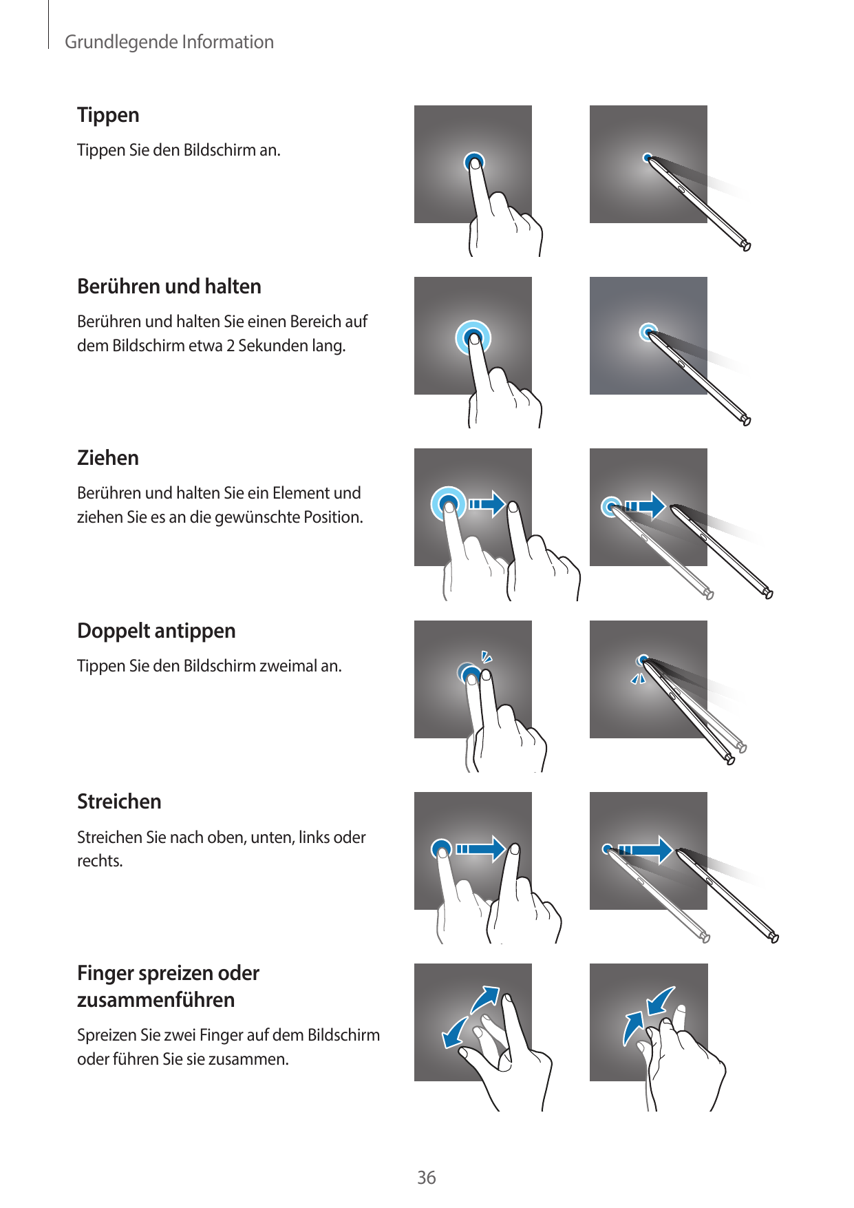 Grundlegende InformationTippenTippen Sie den Bildschirm an.Berühren und haltenBerühren und halten Sie einen Bereich aufdem Bilds