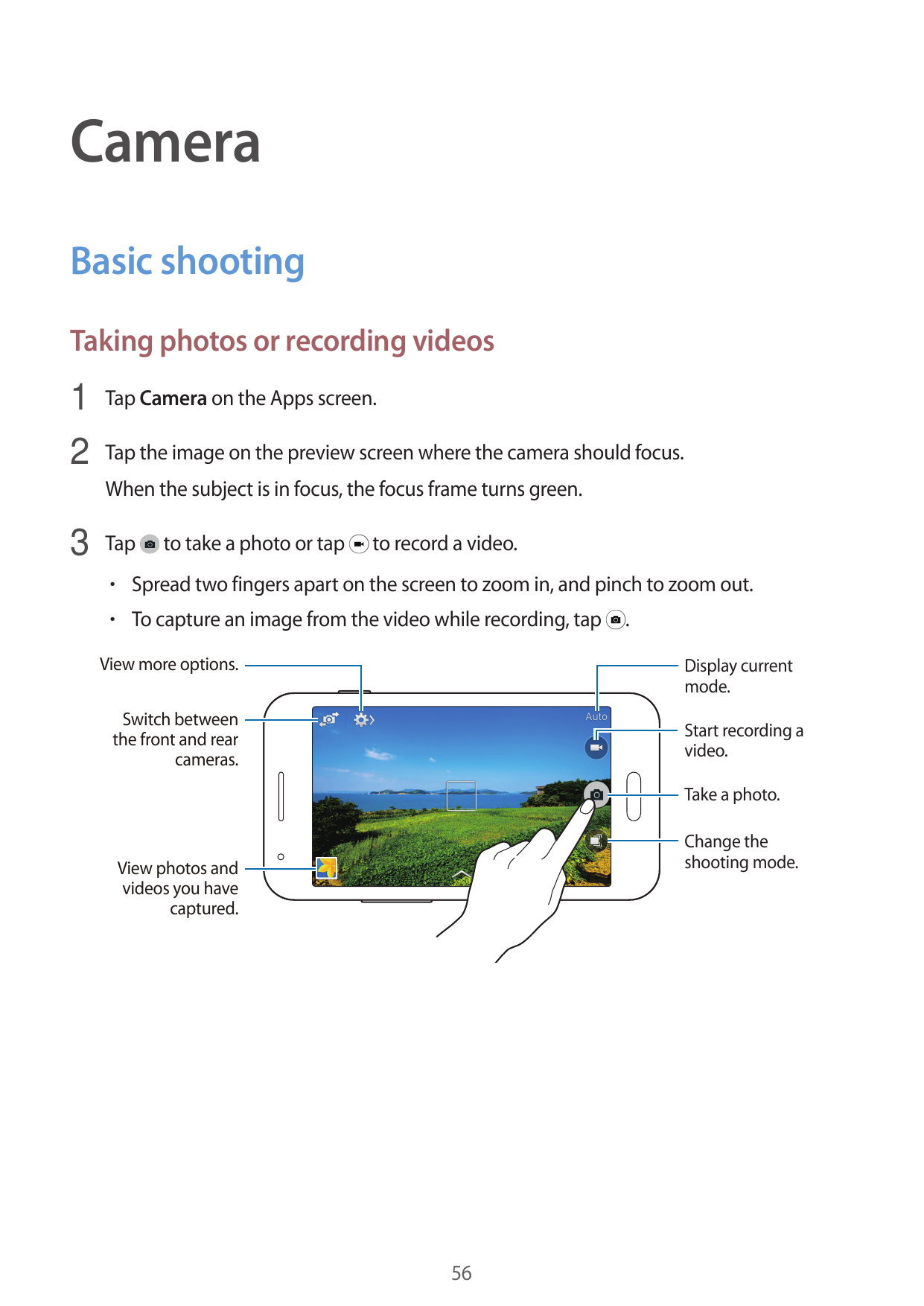 CameraBasic shootingTaking photos or recording videos1 Tap Camera on the Apps screen.2 Tap the image on the preview screen where