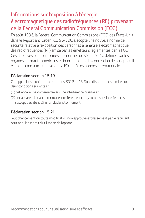 Informations sur l’exposition à l’énergieélectromagnétique des radiofréquences (RF) provenantde la Federal Communication Commiss