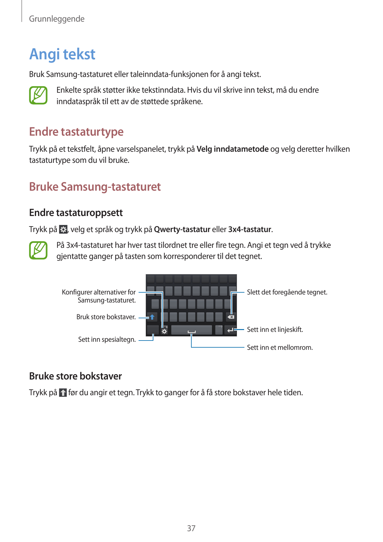 GrunnleggendeAngi tekstBruk Samsung-tastaturet eller taleinndata-funksjonen for å angi tekst.Enkelte språk støtter ikke tekstinn
