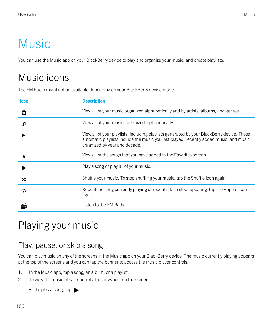User GuideMediaMusicYou can use the Music app on your BlackBerry device to play and organize your music, and create playlists.Mu