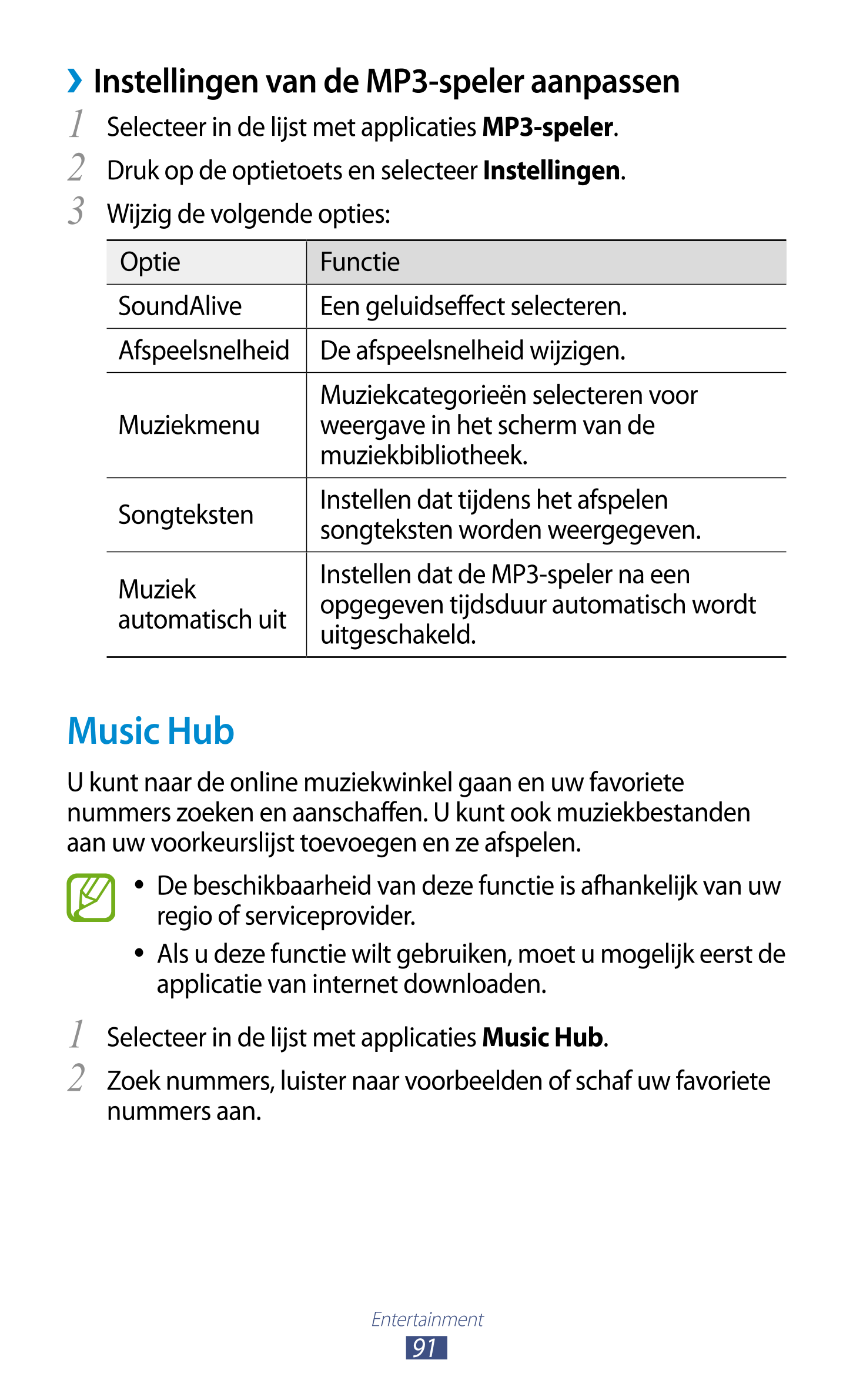   Instellingen van de MP3-speler aanpassen
1  Selecteer in de lijst met applicaties  MP3-speler.
2  Druk op de optietoets en sel