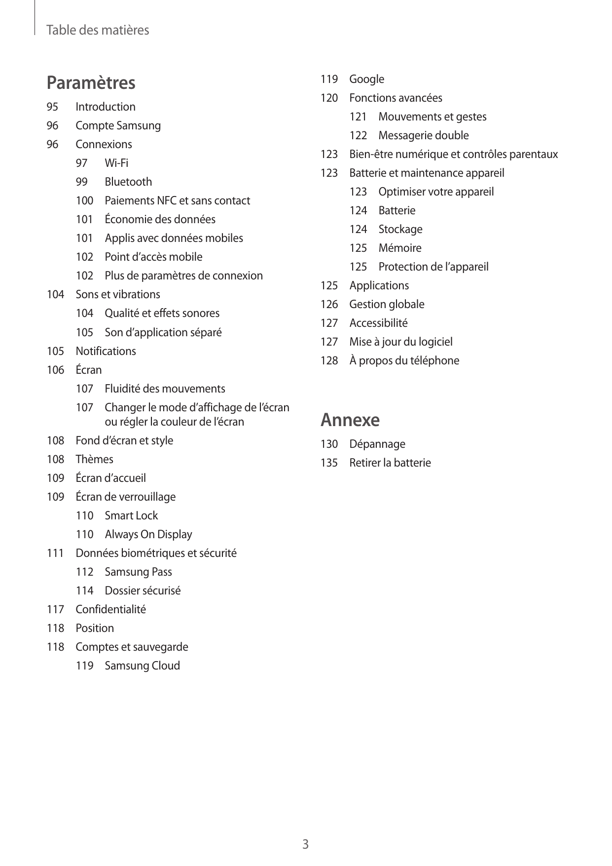 Table des matièresParamètres119Google120 Fonctions avancées95Introduction96121 Mouvements et gestesCompte Samsung122 Messagerie 