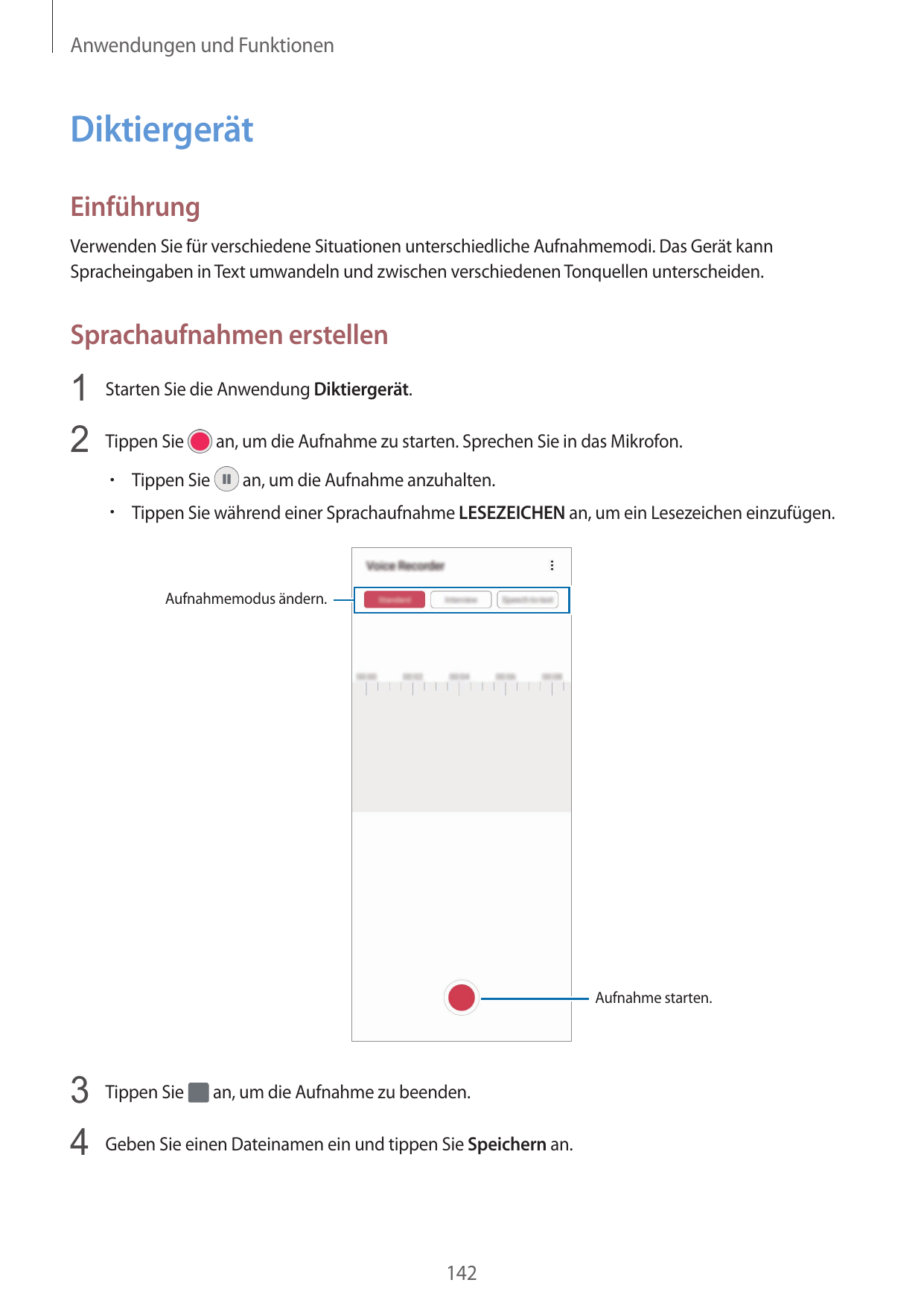 Anwendungen und FunktionenDiktiergerätEinführungVerwenden Sie für verschiedene Situationen unterschiedliche Aufnahmemodi. Das Ge