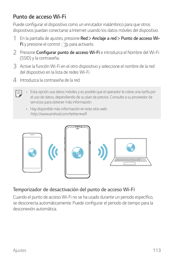 Punto de acceso Wi-FiPuede configurar el dispositivo como un enrutador inalámbrico para que otrosdispositivos puedan conectarse 