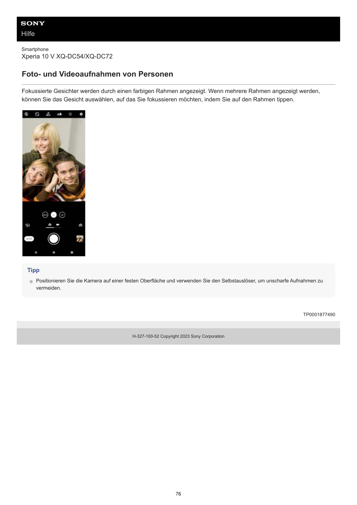 HilfeSmartphoneXperia 10 V XQ-DC54/XQ-DC72Foto- und Videoaufnahmen von PersonenFokussierte Gesichter werden durch einen farbigen