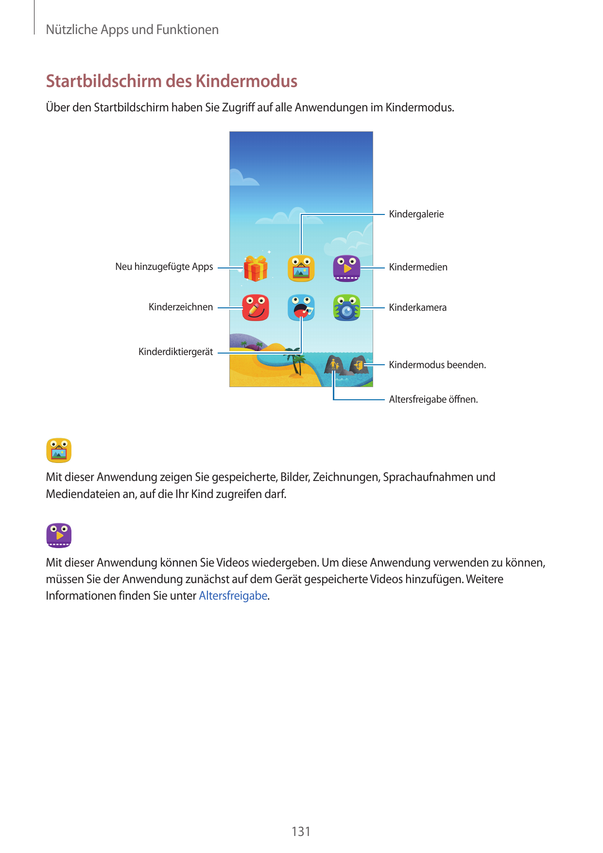 Nützliche Apps und FunktionenStartbildschirm des KindermodusÜber den Startbildschirm haben Sie Zugriff auf alle Anwendungen im K