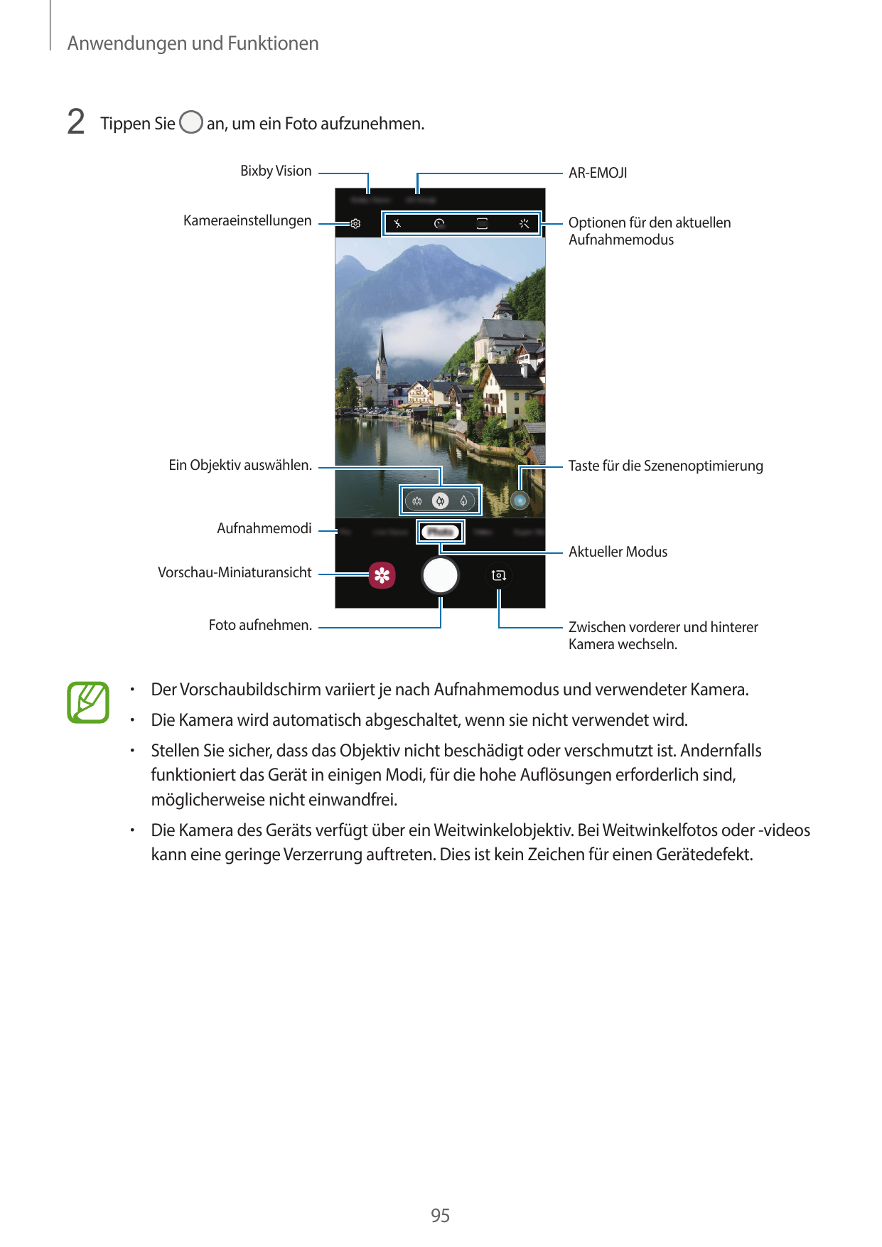 Anwendungen und Funktionen2 Tippen Siean, um ein Foto aufzunehmen.Bixby VisionAR-EMOJIKameraeinstellungenOptionen für den aktuel