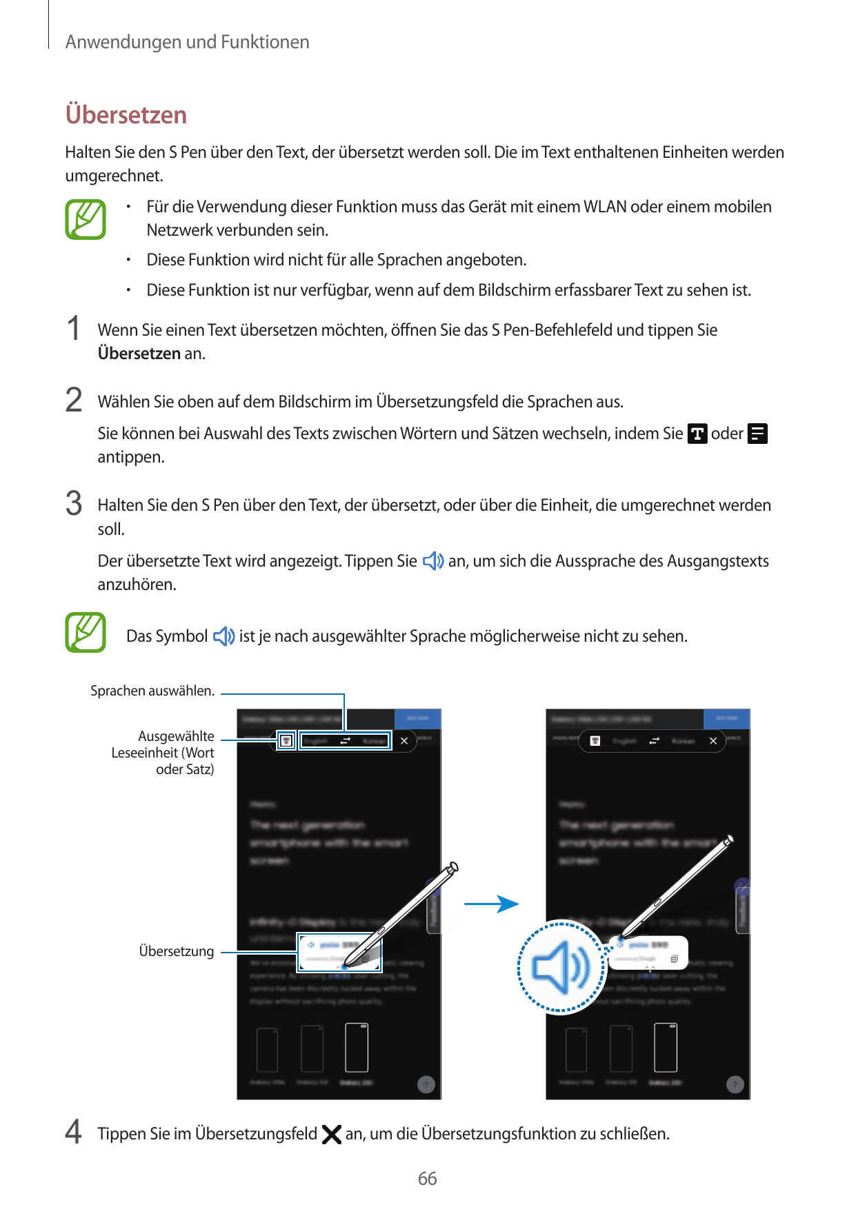 Anwendungen und FunktionenÜbersetzenHalten Sie den S Pen über den Text, der übersetzt werden soll. Die im Text enthaltenen Einhe