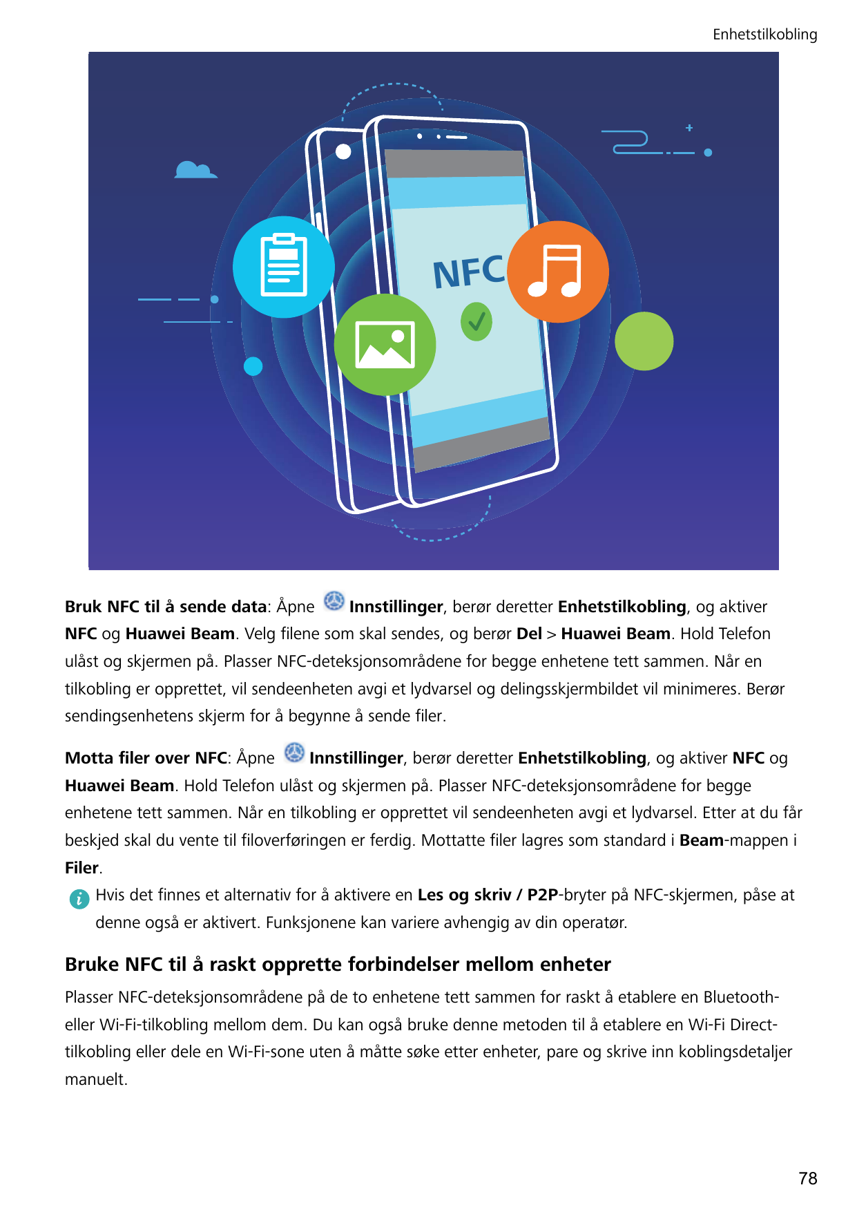 EnhetstilkoblingNFCBruk NFC til å sende data: ÅpneInnstillinger, berør deretter Enhetstilkobling, og aktiverNFC og Huawei Beam. 