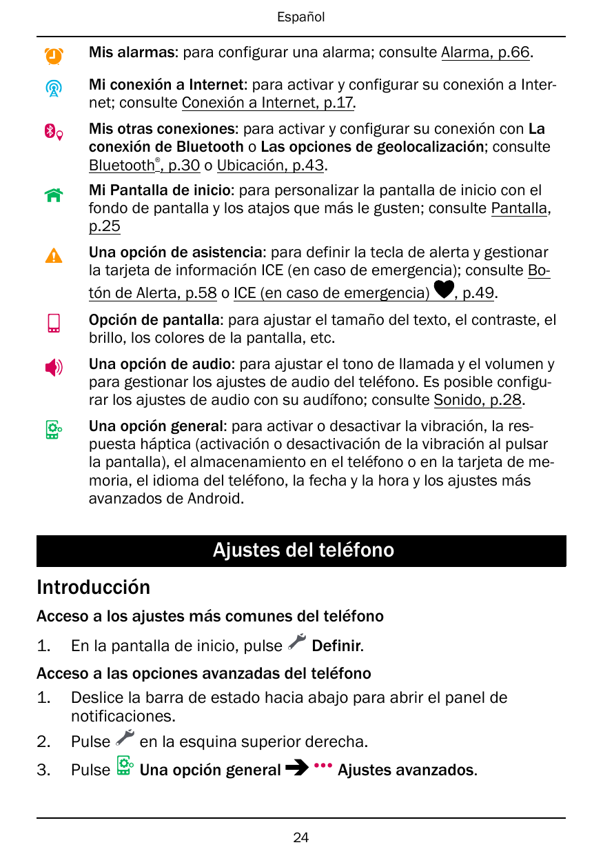 EspañolMis alarmas: para configurar una alarma; consulte Alarma, p.66.Mi conexión a Internet: para activar y configurar su conex