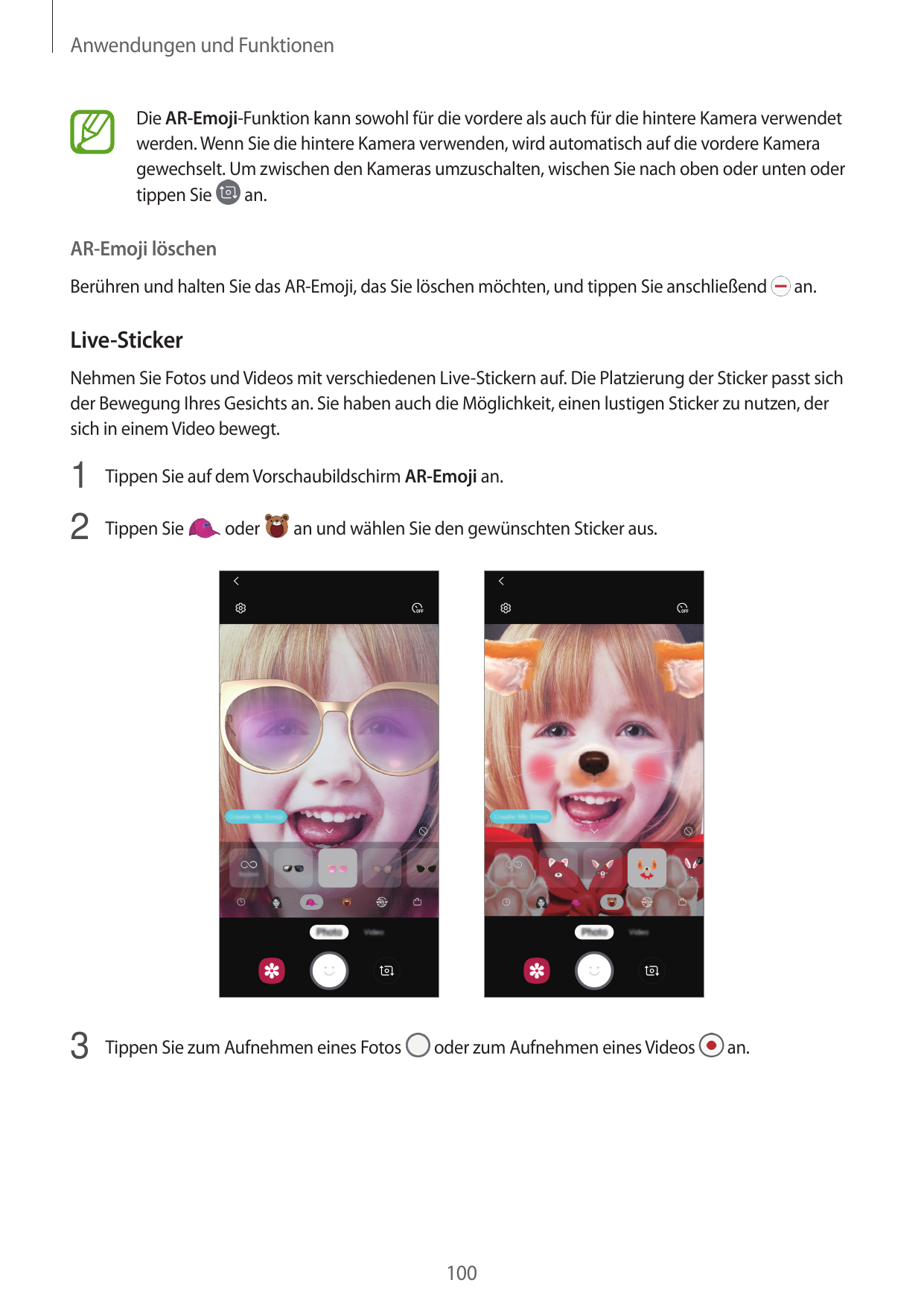 Anwendungen und FunktionenDie AR-Emoji-Funktion kann sowohl für die vordere als auch für die hintere Kamera verwendetwerden. Wen