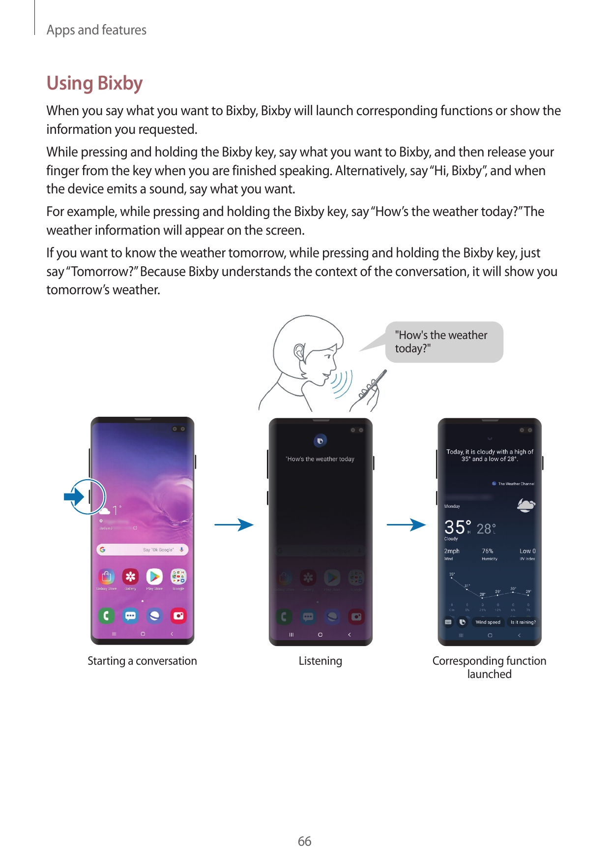Apps and featuresUsing BixbyWhen you say what you want to Bixby, Bixby will launch corresponding functions or show theinformatio