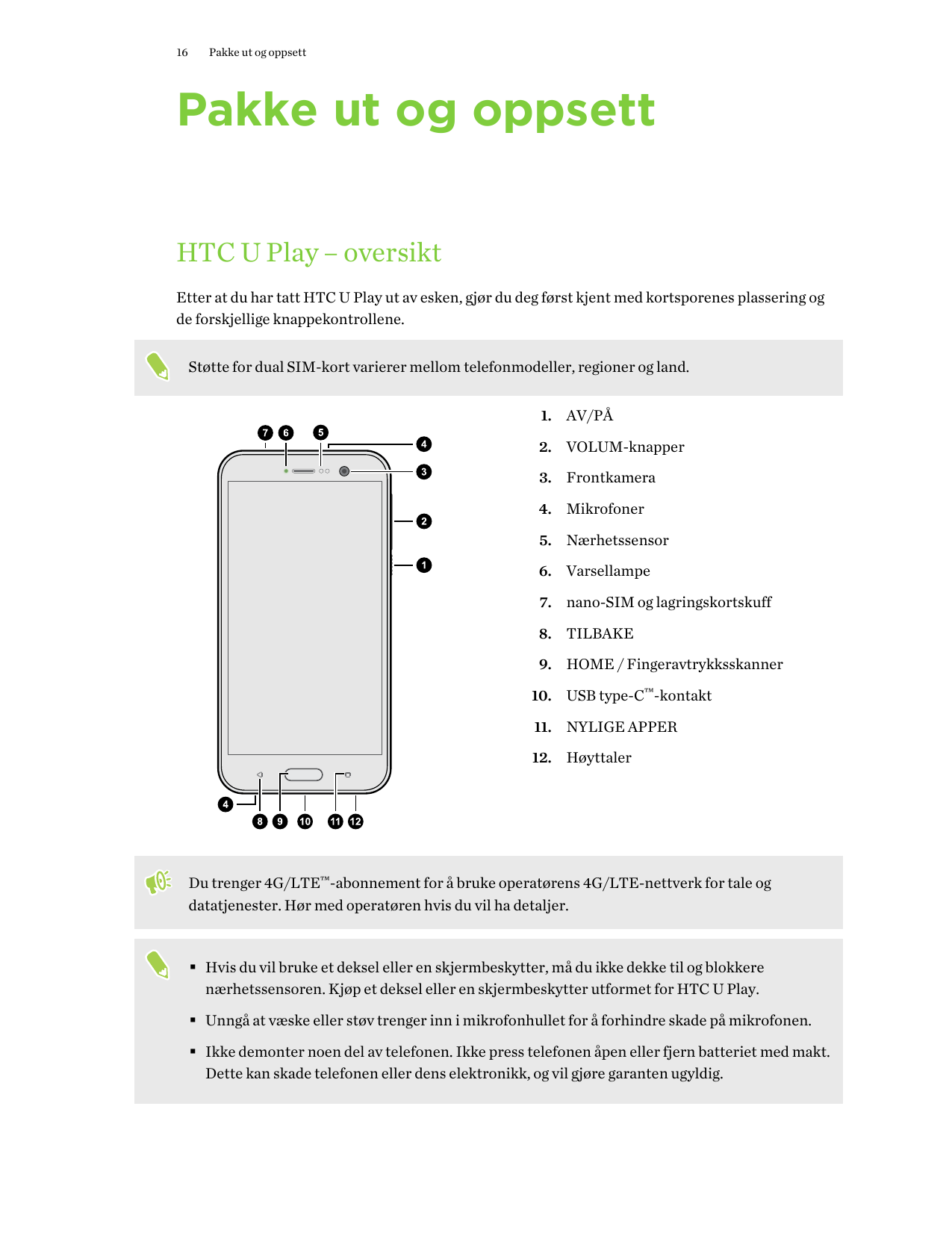 16Pakke ut og oppsettPakke ut og oppsettHTC U Play – oversiktEtter at du har tatt HTC U Play ut av esken, gjør du deg først kjen