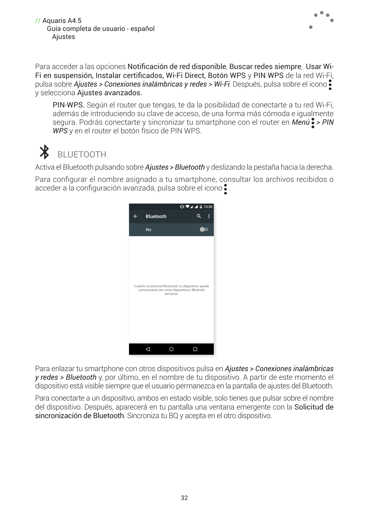 // Aquaris A4.5Guía completa de usuario - españolAjustesPara acceder a las opciones Notificación de red disponible, Buscar redes