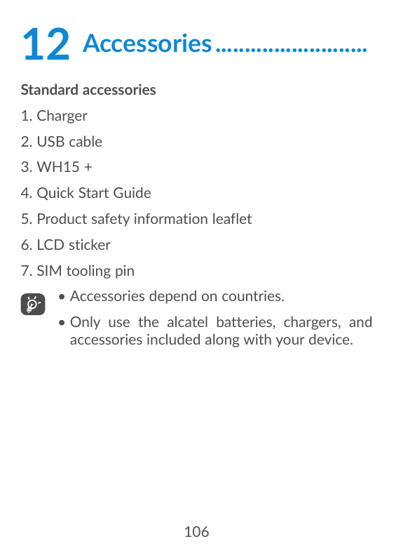 12Accessories...........................Standard accessories1. Charger2. USB cable3. WH15 +4. Quick Start Guide5. Product safety