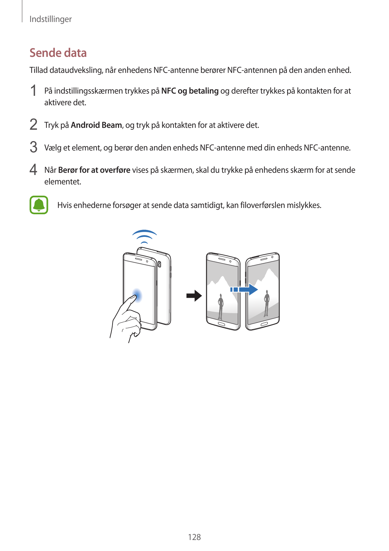 IndstillingerSende dataTillad dataudveksling, når enhedens NFC-antenne berører NFC-antennen på den anden enhed.1 På indstillings
