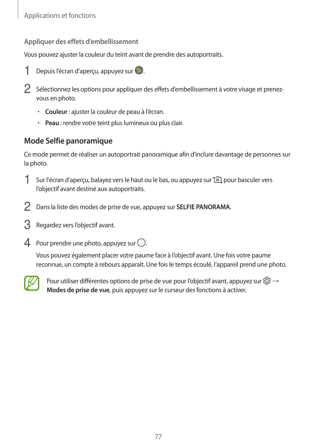 Applications et fonctionsAppliquer des effets d’embellissementVous pouvez ajuster la couleur du teint avant de prendre des autop