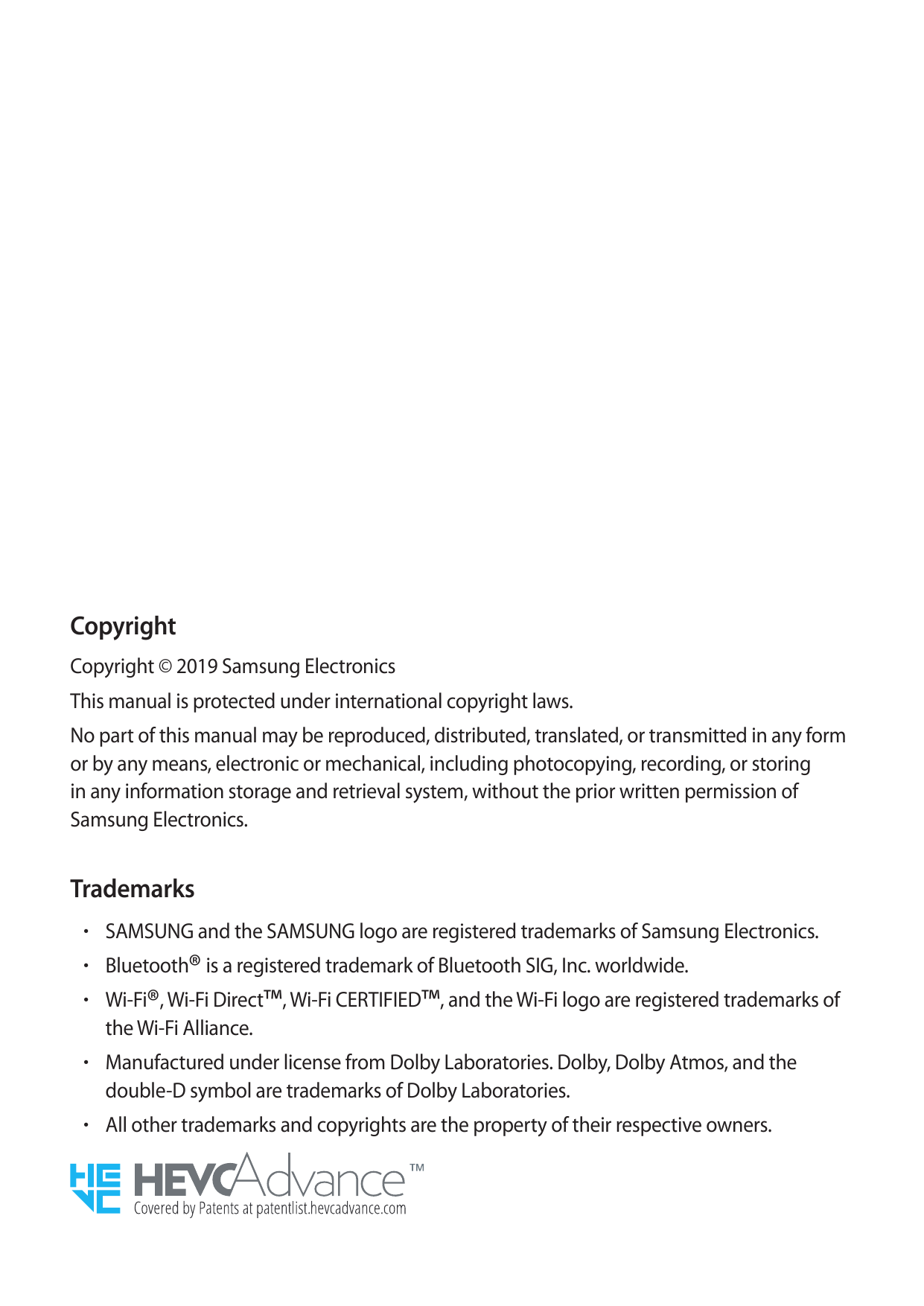 CopyrightCopyright © 2019 Samsung ElectronicsThis manual is protected under international copyright laws.No part of this manual 