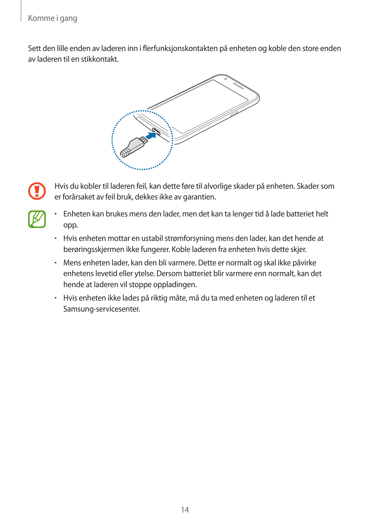 Komme i gangSett den lille enden av laderen inn i flerfunksjonskontakten på enheten og koble den store endenav laderen til en st