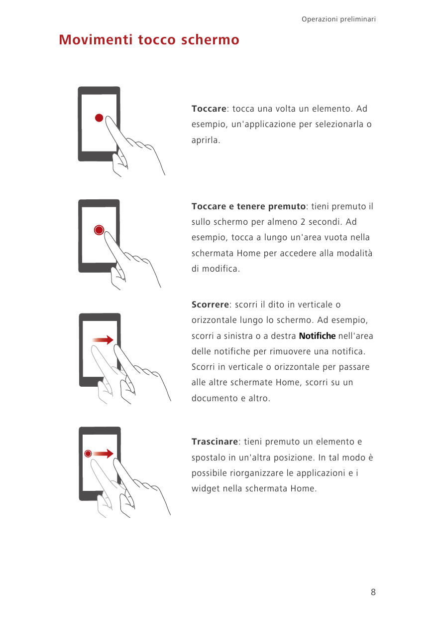 Operazioni preliminariMovimenti tocco schermoToccare: tocca una volta un elemento. Adesempio, un'applicazione per selezionarla o