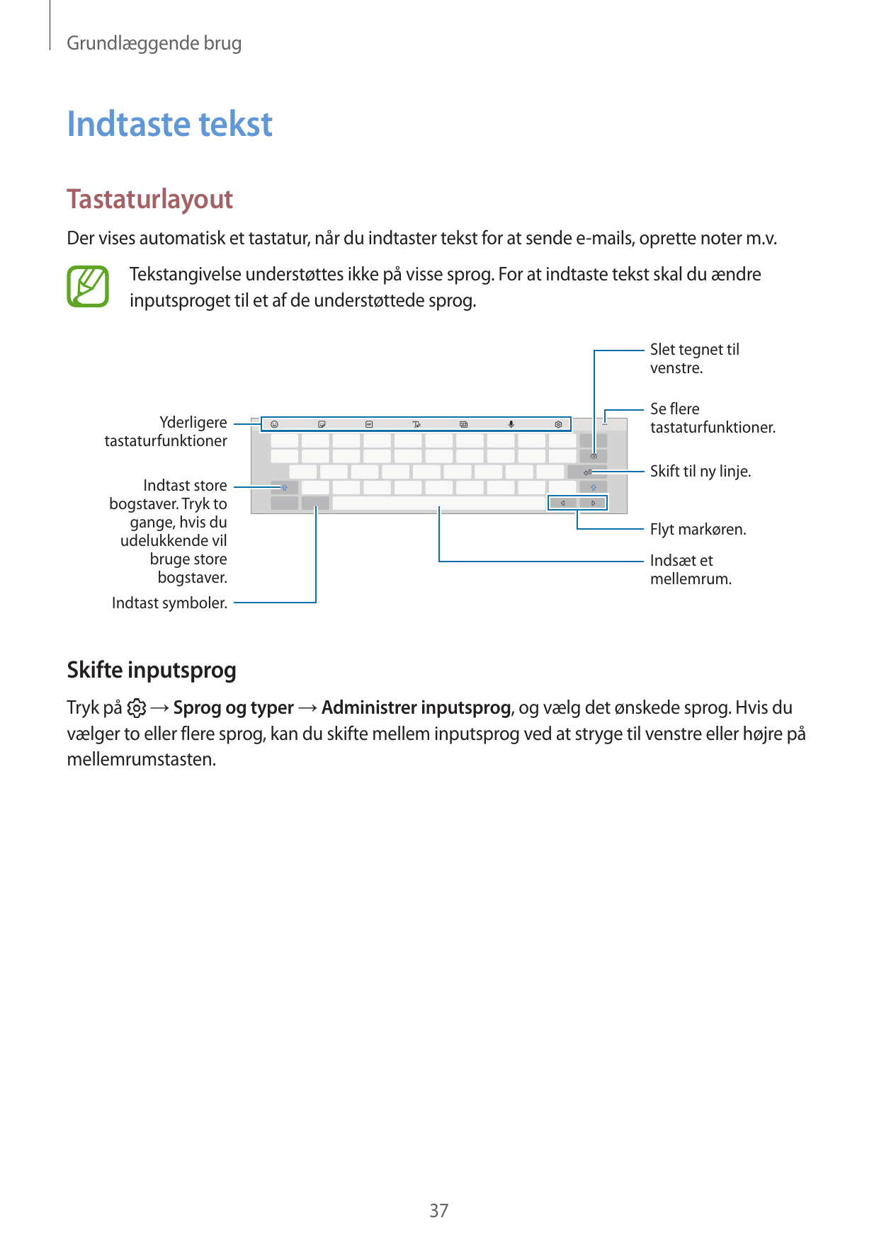 Grundlæggende brugIndtaste tekstTastaturlayoutDer vises automatisk et tastatur, når du indtaster tekst for at sende e-mails, opr