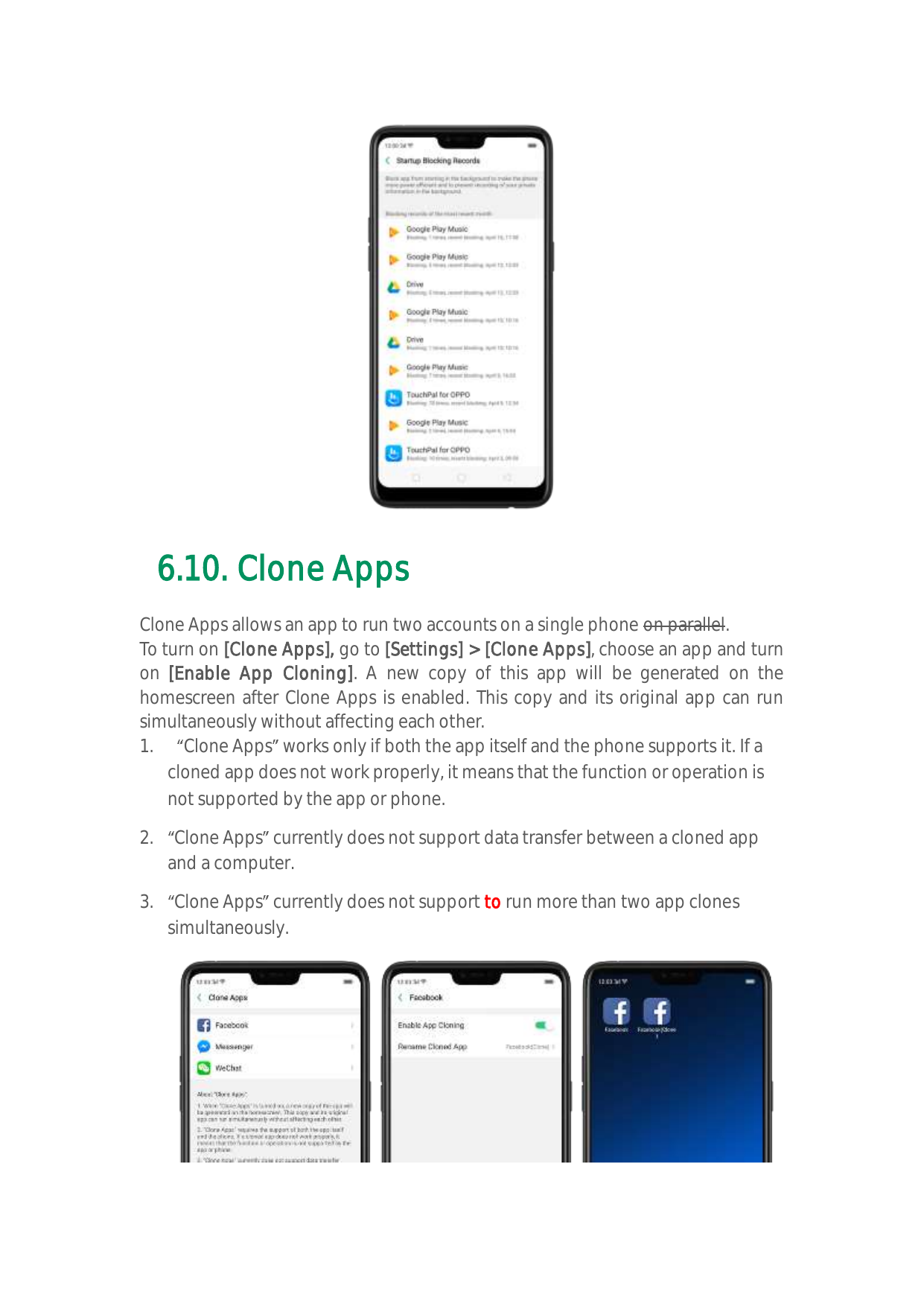 6.10. Clone AppsClone Apps allows an app to run two accounts on a single phone on parallel.To turn on [Clone Apps], go to [Setti