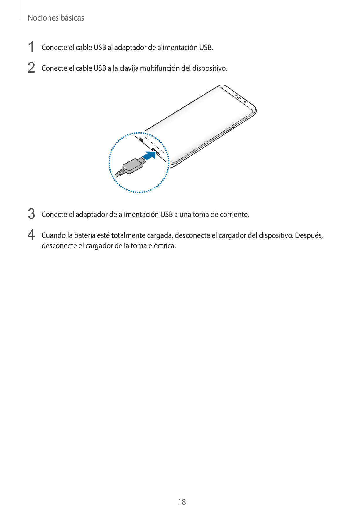 Nociones básicas1 Conecte el cable USB al adaptador de alimentación USB.2 Conecte el cable USB a la clavija multifunción del dis