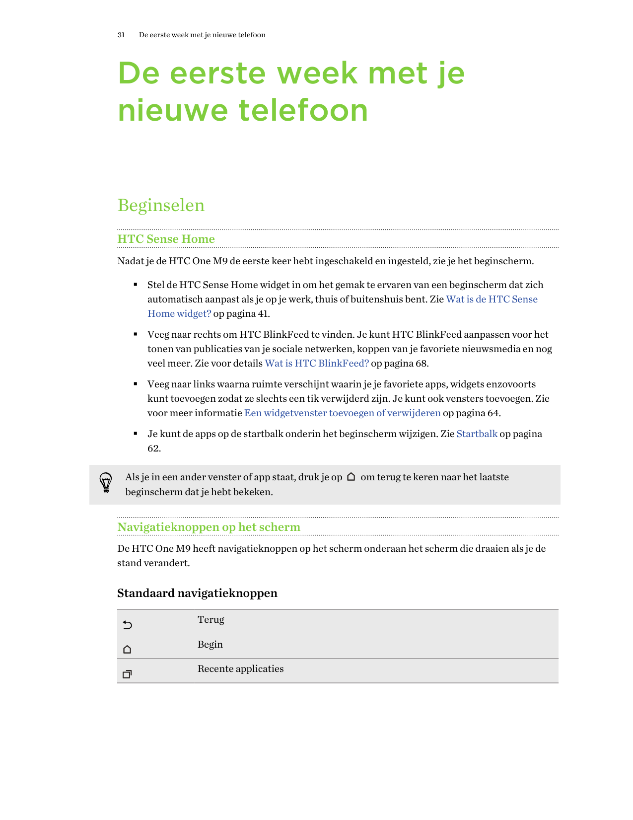 31De eerste week met je nieuwe telefoonDe eerste week met jenieuwe telefoonBeginselenHTC Sense HomeNadat je de HTC One M9 de eer