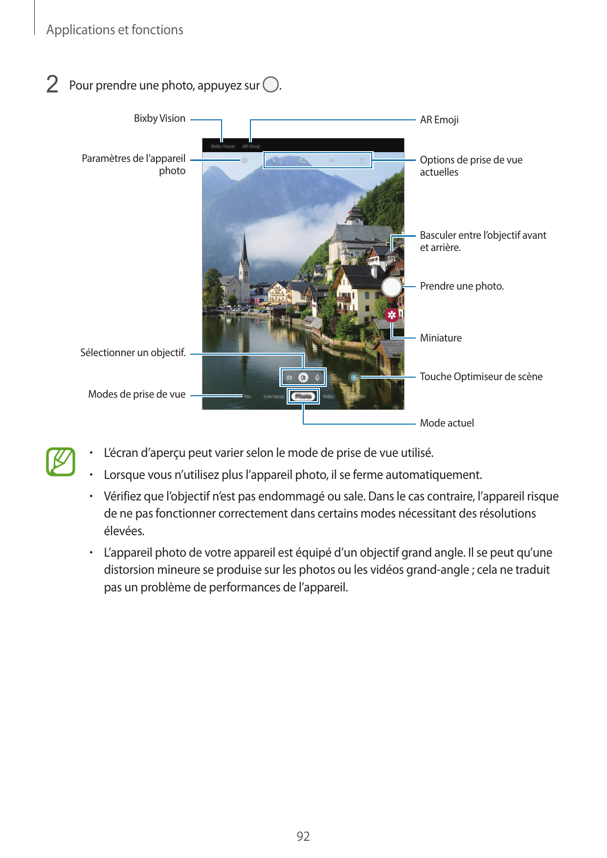 Applications et fonctions2 Pour prendre une photo, appuyez sur.Bixby VisionAR EmojiParamètres de l’appareilphotoOptions de prise
