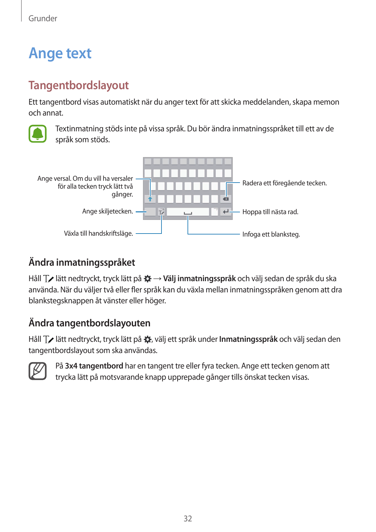 GrunderAnge textTangentbordslayoutEtt tangentbord visas automatiskt när du anger text för att skicka meddelanden, skapa memonoch