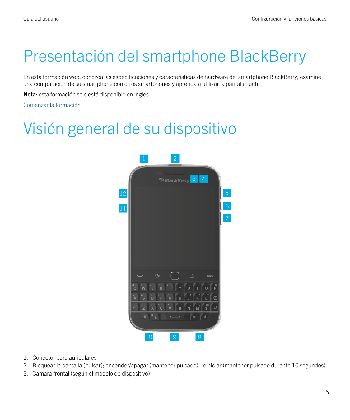 Guía del usuarioConfiguración y funciones básicasPresentación del smartphone BlackBerryEn esta formación web, conozca las especi