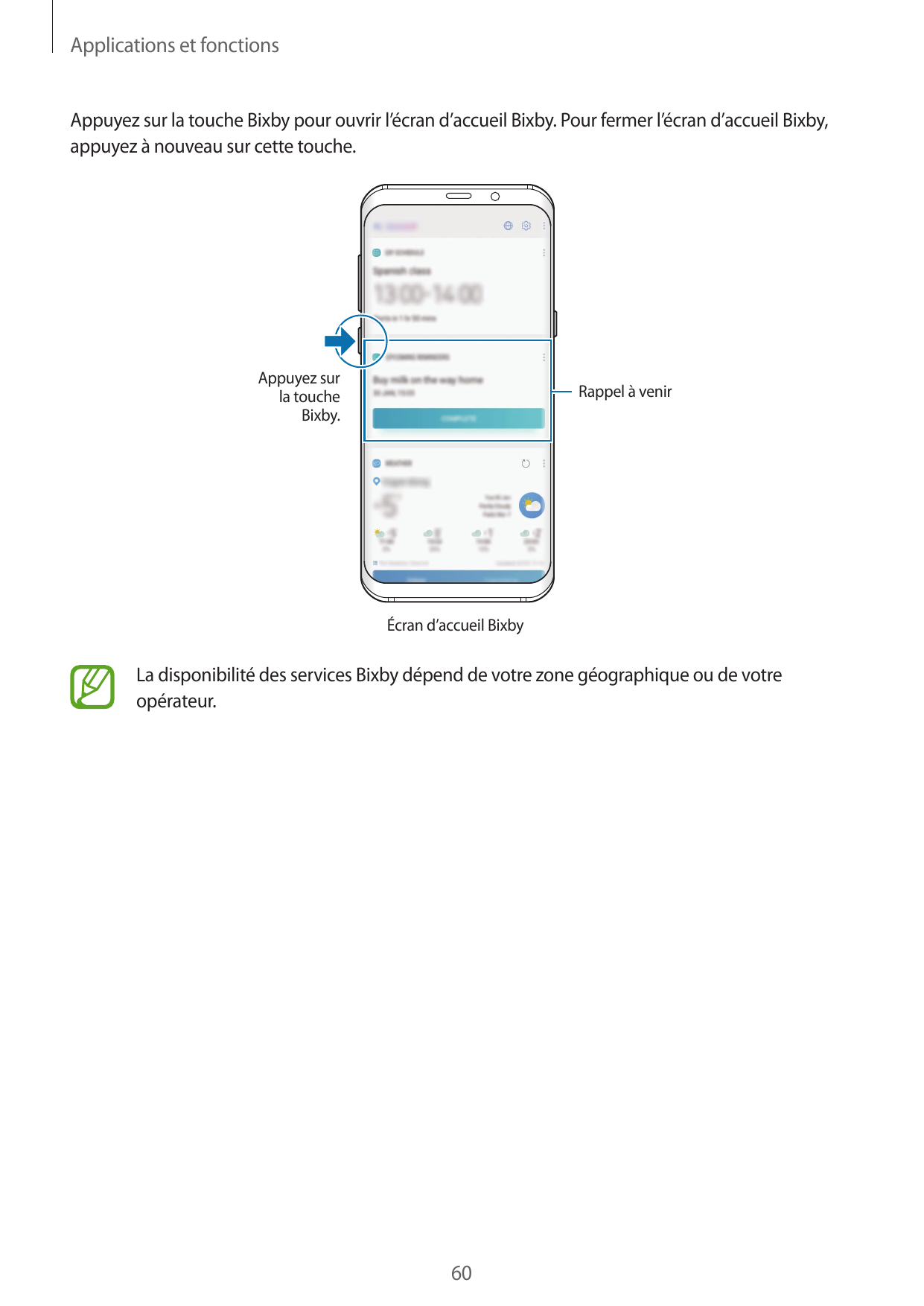 Applications et fonctionsAppuyez sur la touche Bixby pour ouvrir l’écran d’accueil Bixby. Pour fermer l’écran d’accueil Bixby,ap