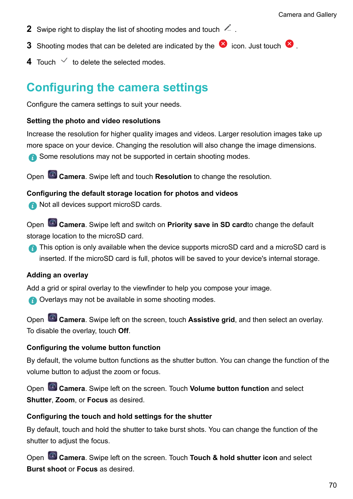 Camera and Gallery2Swipe right to display the list of shooting modes and touch3Shooting modes that can be deleted are indicated 