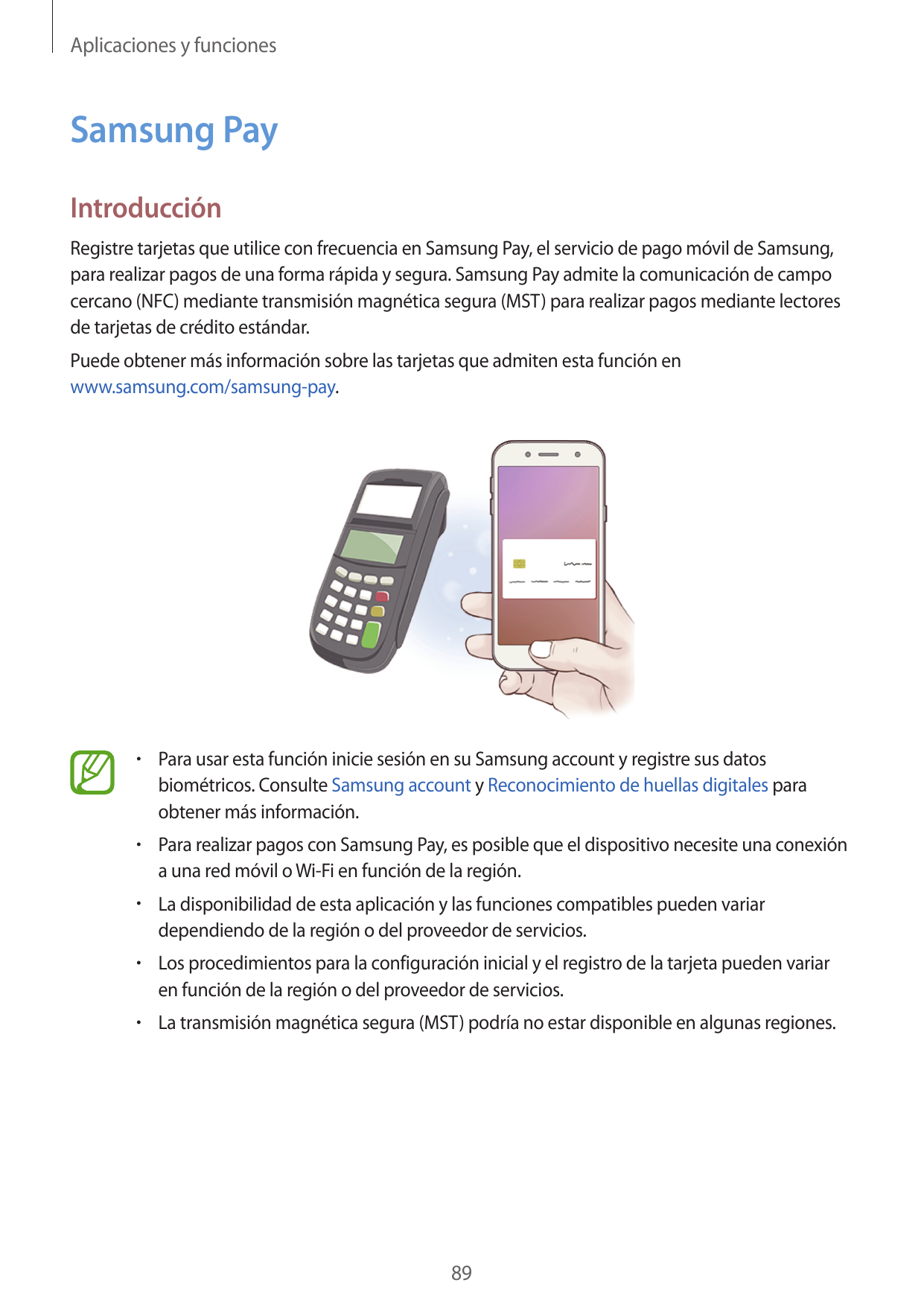Aplicaciones y funcionesSamsung PayIntroducciónRegistre tarjetas que utilice con frecuencia en Samsung Pay, el servicio de pago 