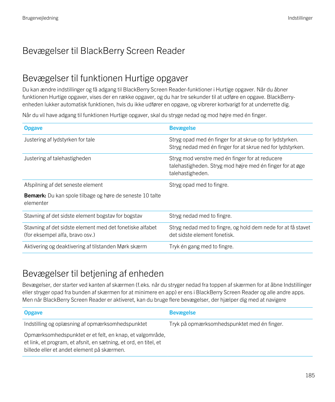 BrugervejledningIndstillingerBevægelser til BlackBerry Screen ReaderBevægelser til funktionen Hurtige opgaverDu kan ændre indsti