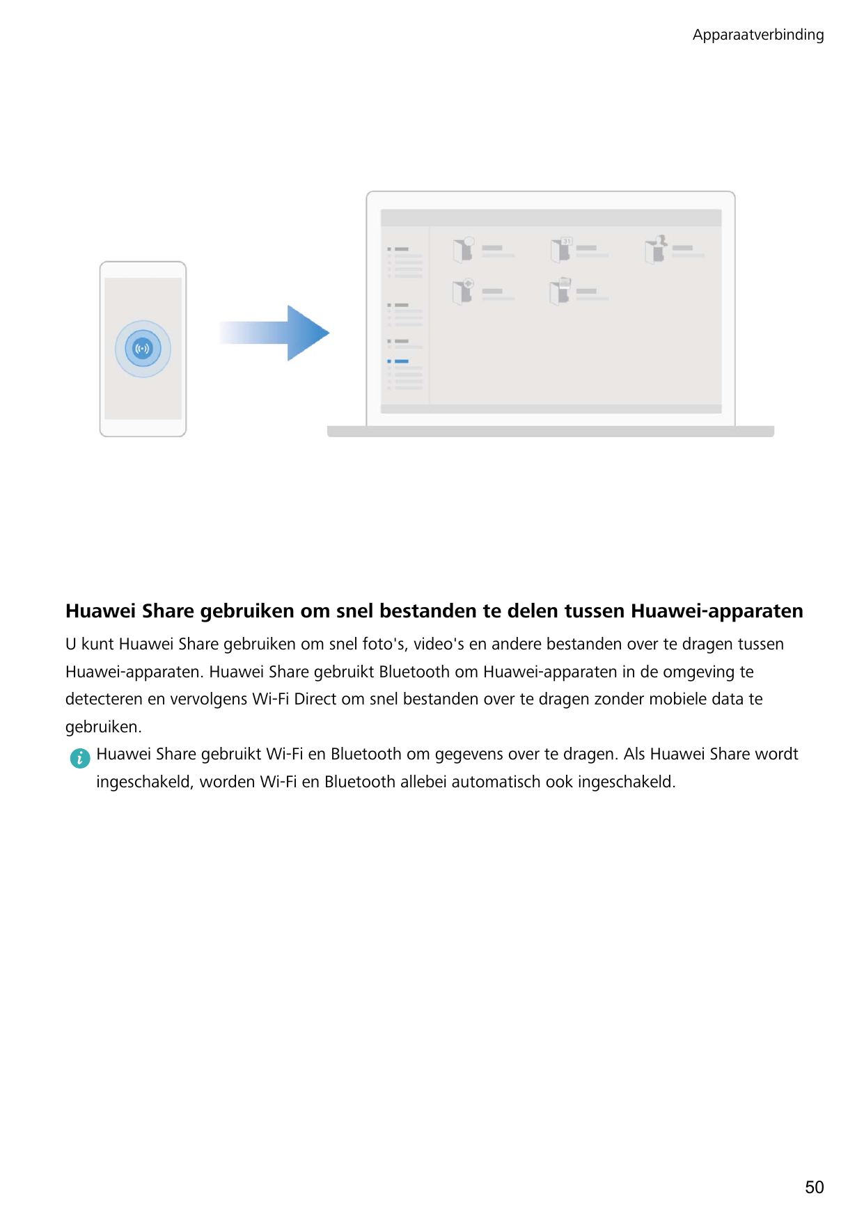 ApparaatverbindingHuawei Share gebruiken om snel bestanden te delen tussen Huawei-apparatenU kunt Huawei Share gebruiken om snel