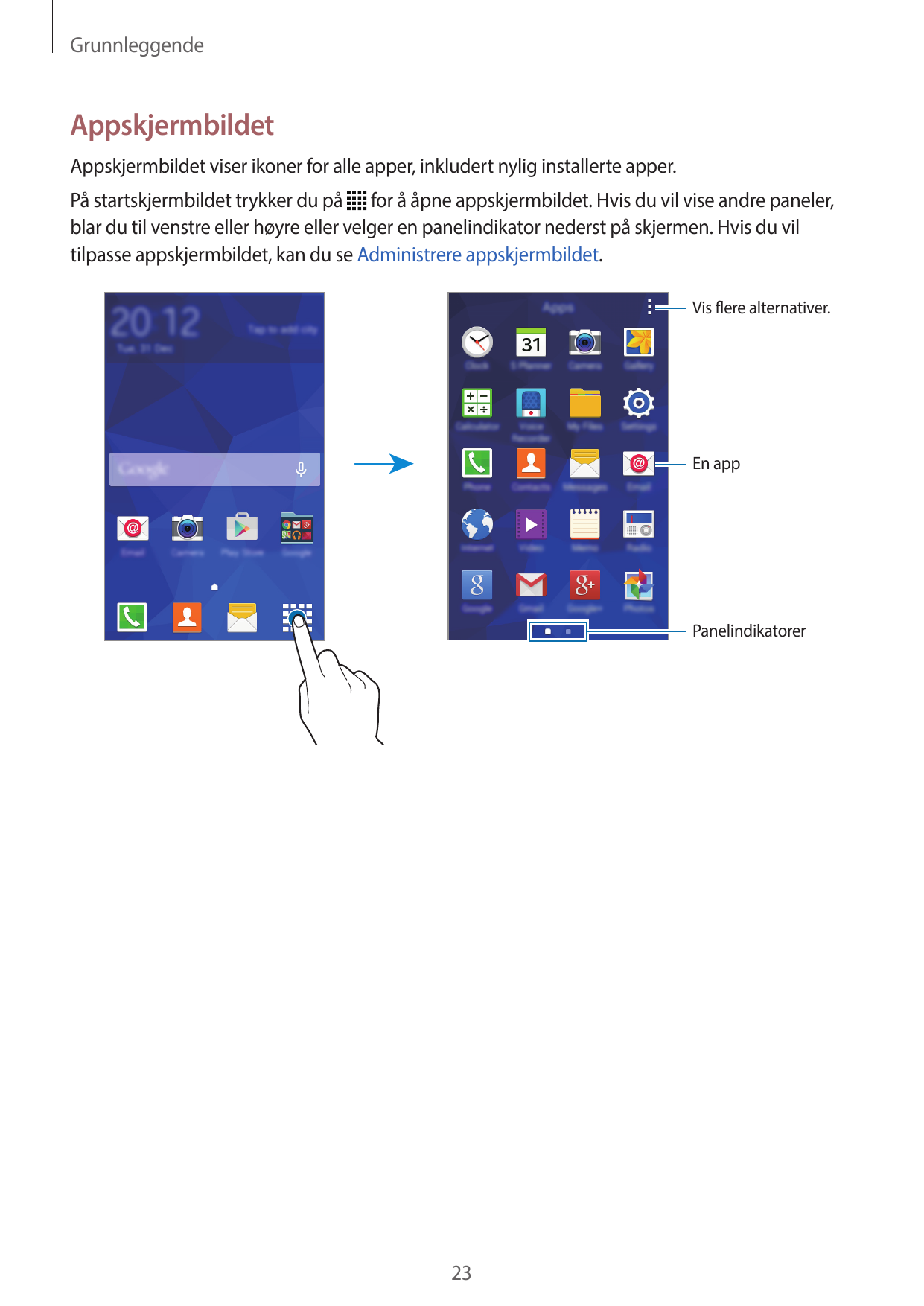 GrunnleggendeAppskjermbildetAppskjermbildet viser ikoner for alle apper, inkludert nylig installerte apper.På startskjermbildet 
