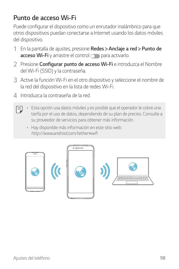 Punto de acceso Wi-FiPuede configurar el dispositivo como un enrutador inalámbrico para queotros dispositivos puedan conectarse 