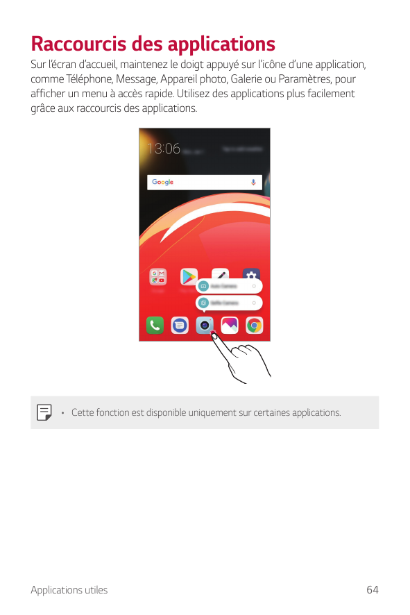 Raccourcis des applicationsSur l’écran d’accueil, maintenez le doigt appuyé sur l’icône d’une application,comme Téléphone, Messa