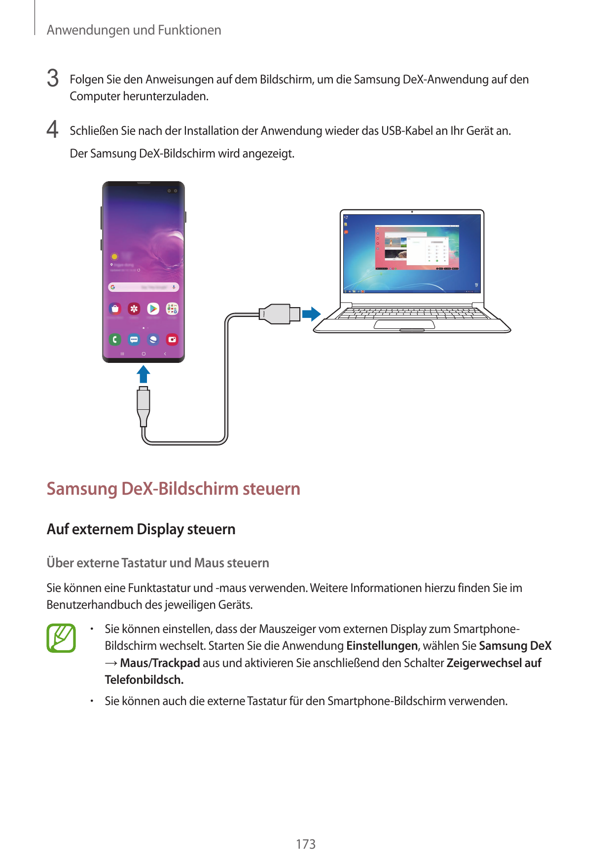 Anwendungen und Funktionen3 Folgen Sie den Anweisungen auf dem Bildschirm, um die Samsung DeX-Anwendung auf denComputer herunter