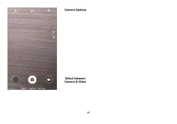 Camera OptionsSelect betweenCamera & Video41