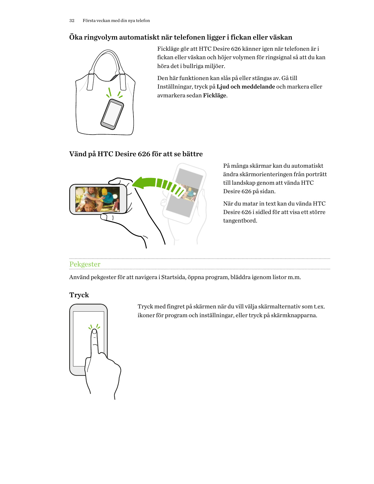 32Första veckan med din nya telefonÖka ringvolym automatiskt när telefonen ligger i fickan eller väskanFickläge gör att HTC Desi