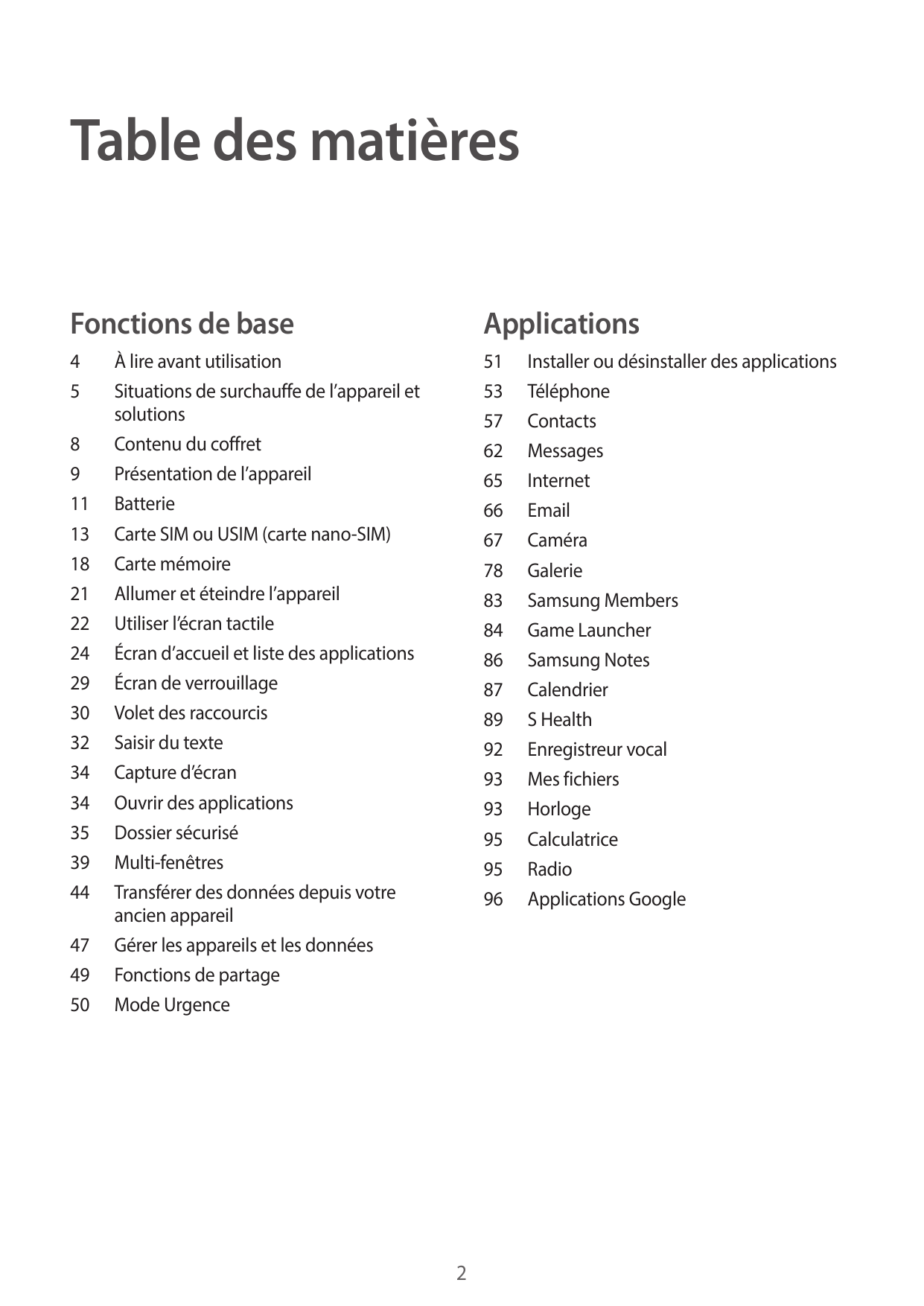 Table des matièresFonctions de baseApplications4551 Installer ou désinstaller des applications53Téléphone57Contacts62Messages65I