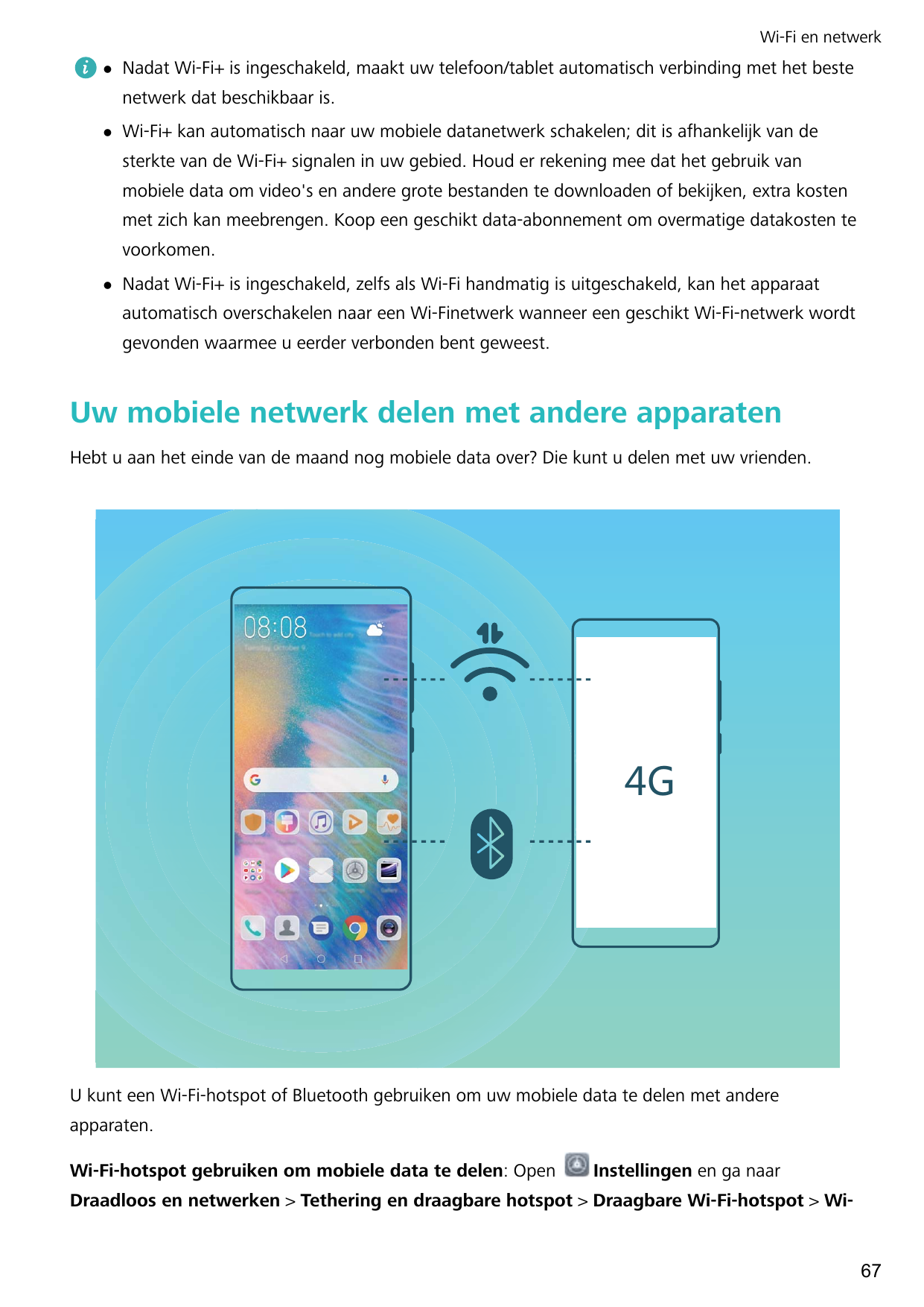 Wi-Fi en netwerklNadat Wi-Fi+ is ingeschakeld, maakt uw telefoon/tablet automatisch verbinding met het bestenetwerk dat beschikb