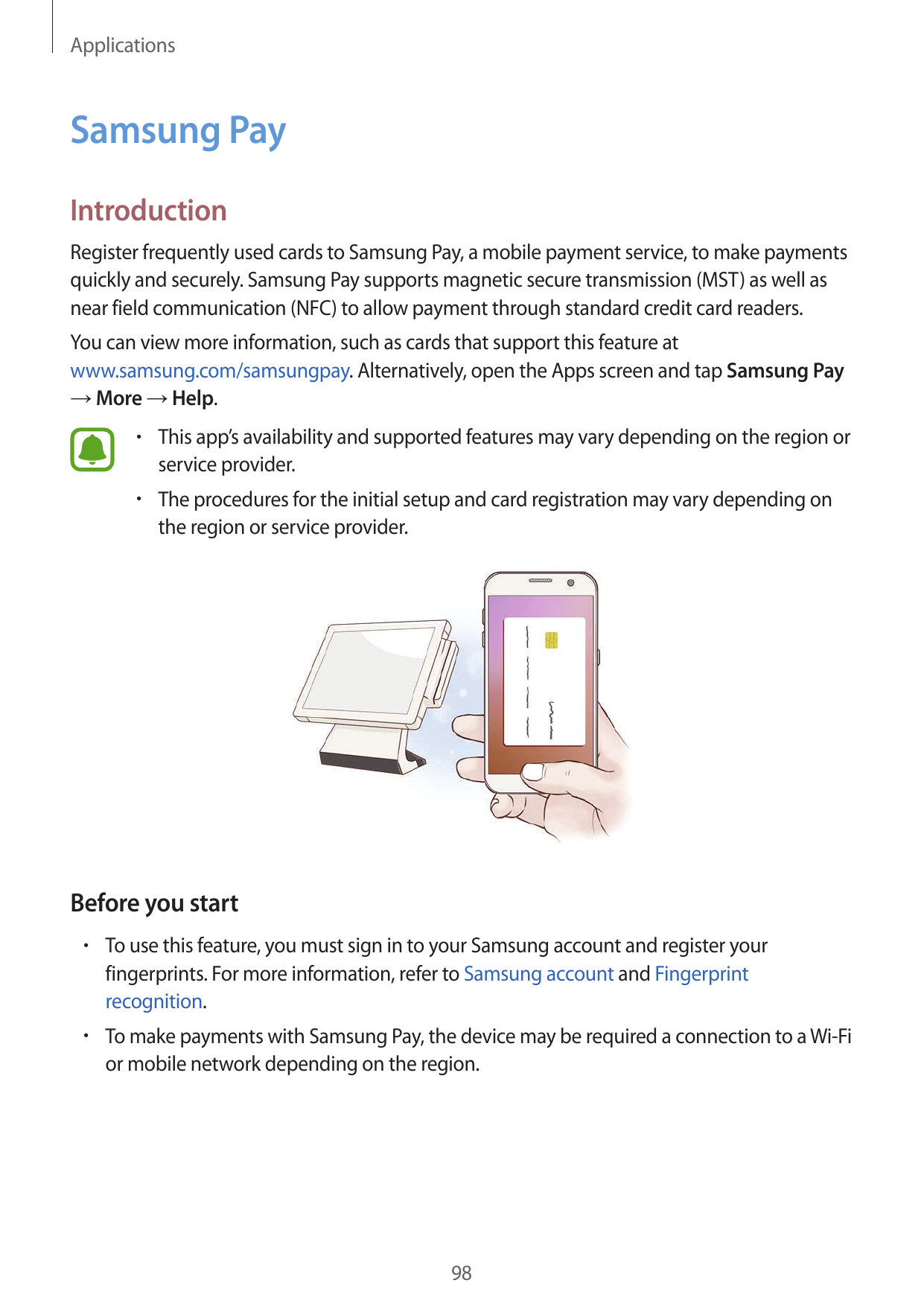 ApplicationsSamsung PayIntroductionRegister frequently used cards to Samsung Pay, a mobile payment service, to make paymentsquic