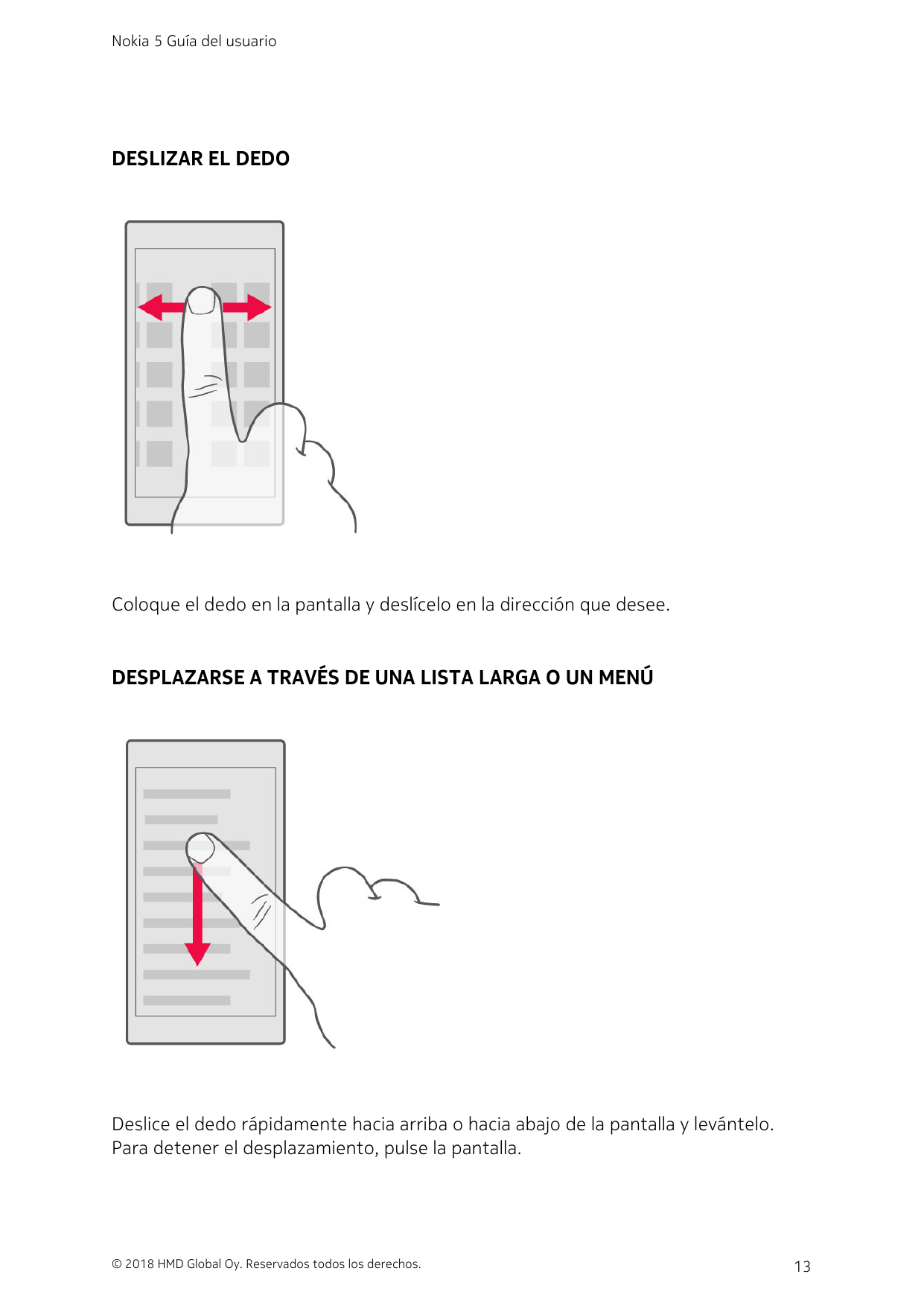 Nokia 5 Guía del usuarioDESLIZAR EL DEDOColoque el dedo en la pantalla y deslícelo en la dirección que desee.DESPLAZARSE A TRAVÉ